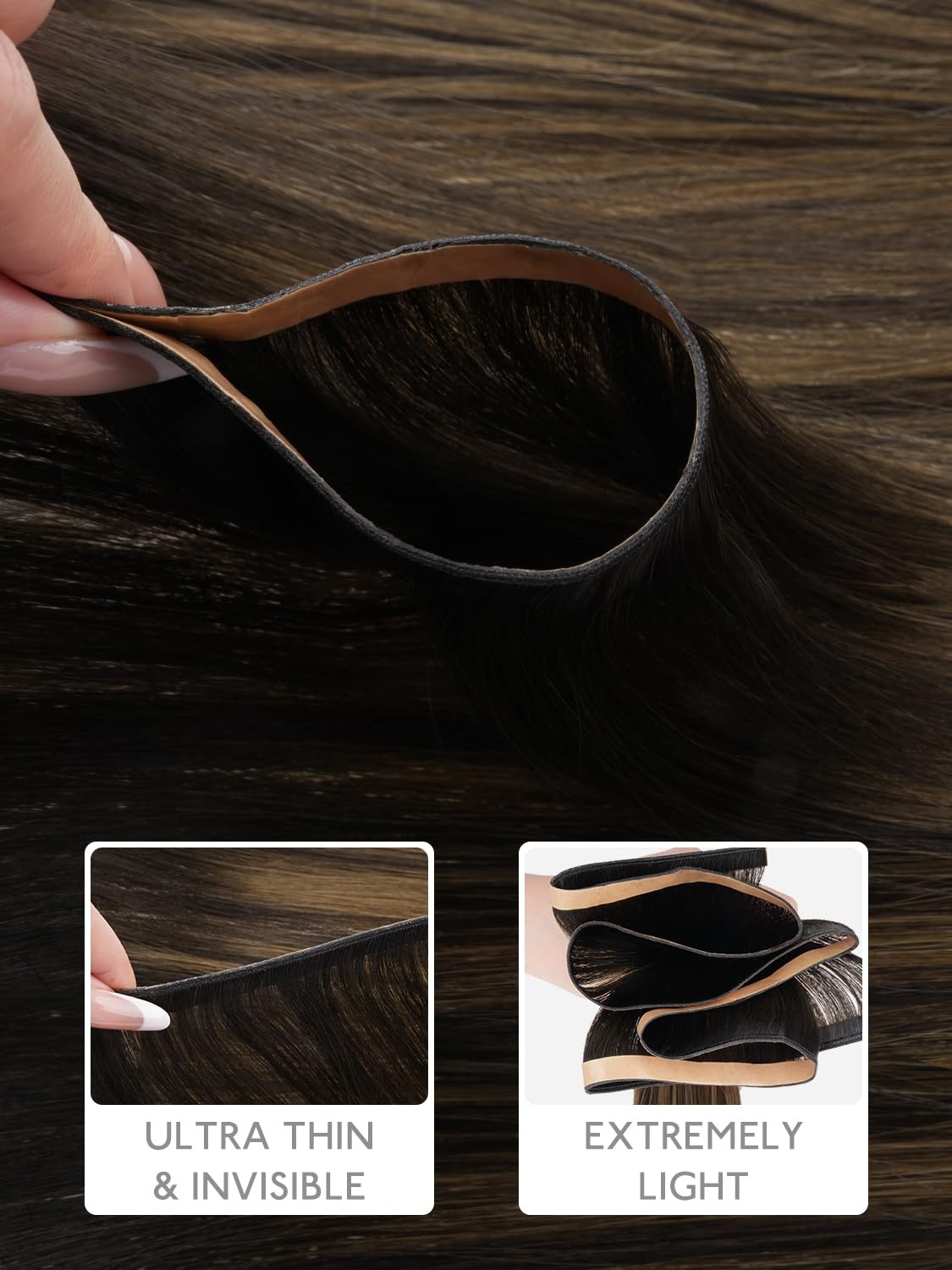 image:imageWENNALIFE Genius Weft Tape in Hair Extensions Human Hair 18 Inch 60g Natural Black Tape Ins Luxury Remy Hair Extensions Invisible Fuller Volume Reusable 10 Wide Weft262 Balayage Dark Brown Mixed Chestnut Brown