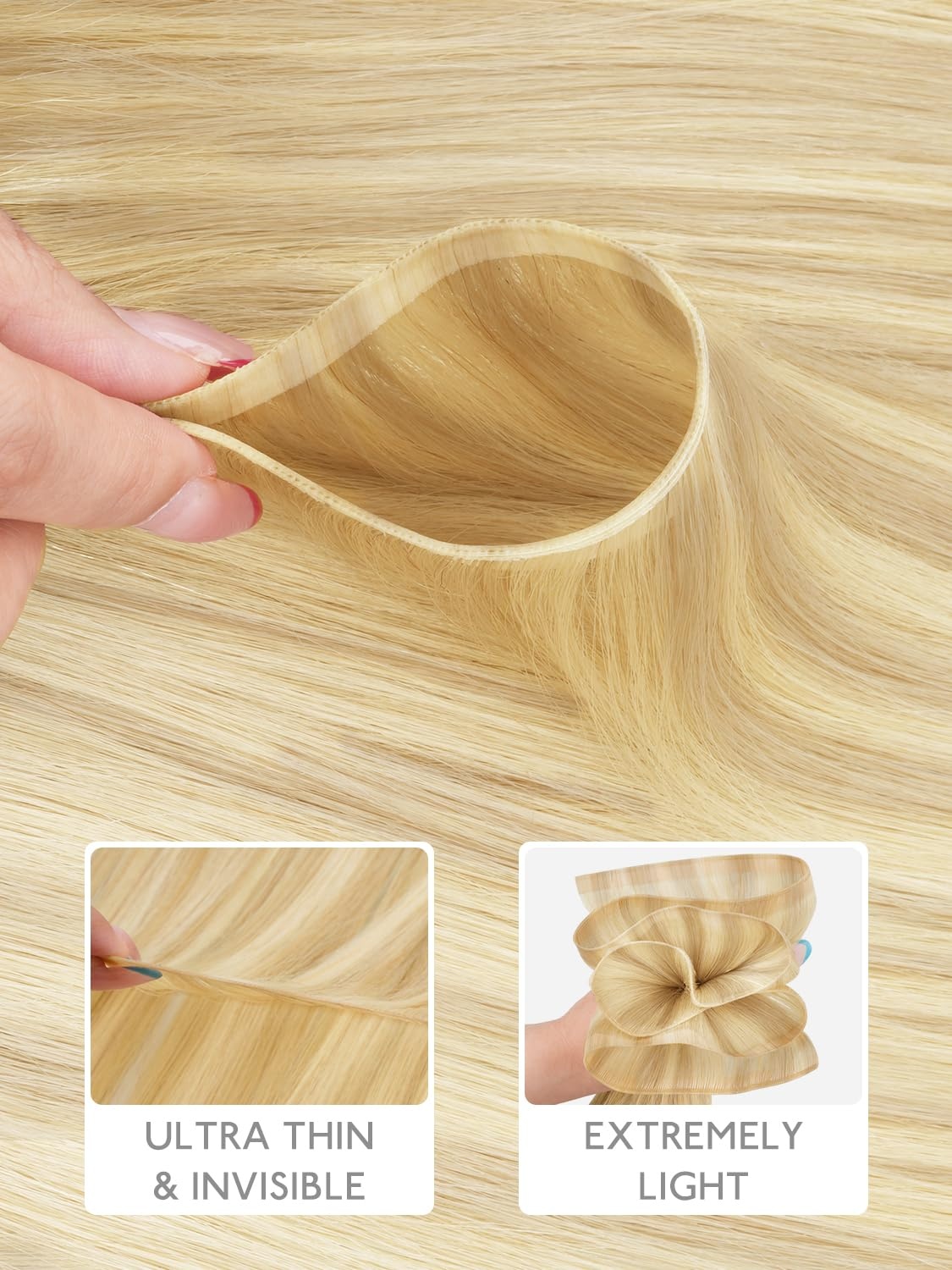 image:imageWENNALIFE Genius Weft Tape in Hair Extensions Human Hair 18 Inch 60g Natural Black Tape Ins Luxury Remy Hair Extensions Invisible Fuller Volume Reusable 10 Wide Weft1622 Light Blonde Highlighted Golden Blonde
