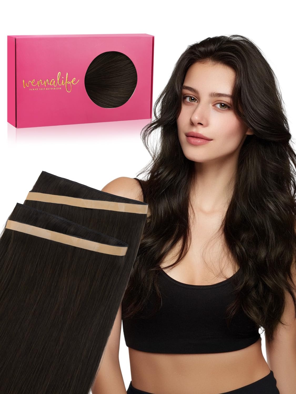 image:imageWENNALIFE Genius Weft Tape in Hair Extensions Human Hair 18 Inch 60g Natural Black Tape Ins Luxury Remy Hair Extensions Invisible Fuller Volume Reusable 10 Wide Weft2 Dark Brown