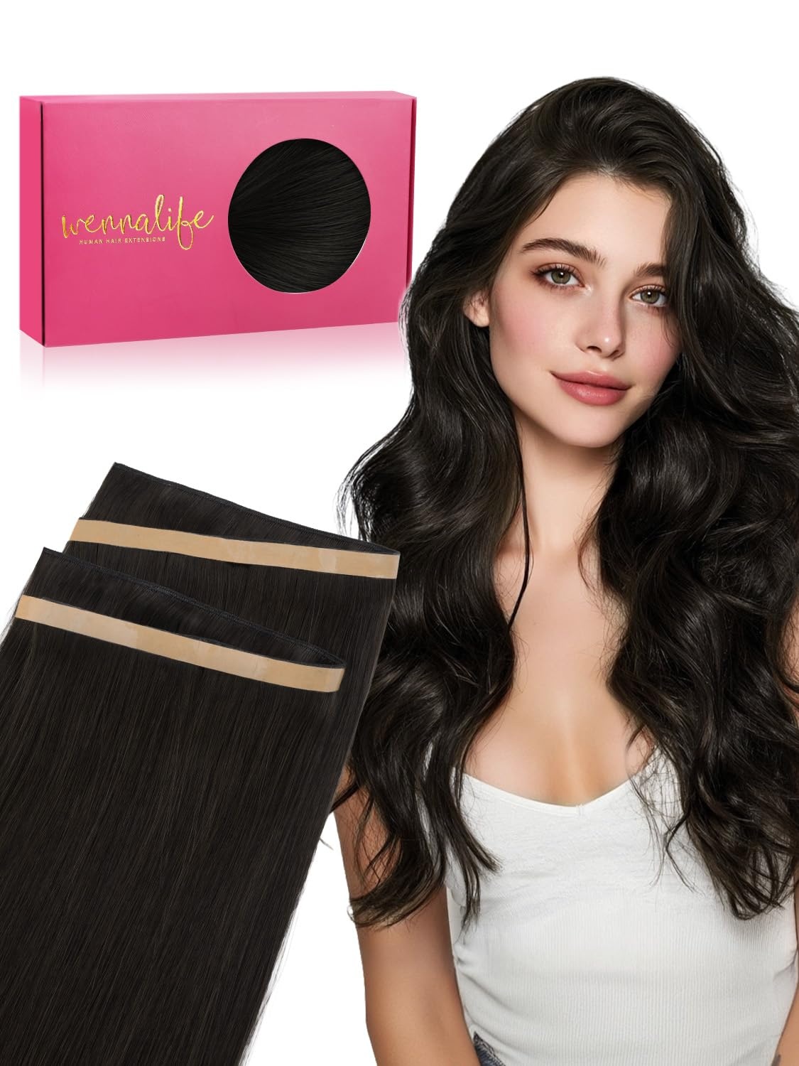 image:imageWENNALIFE Genius Weft Tape in Hair Extensions Human Hair 18 Inch 60g Natural Black Tape Ins Luxury Remy Hair Extensions Invisible Fuller Volume Reusable 10 Wide Weft1B Natural Black