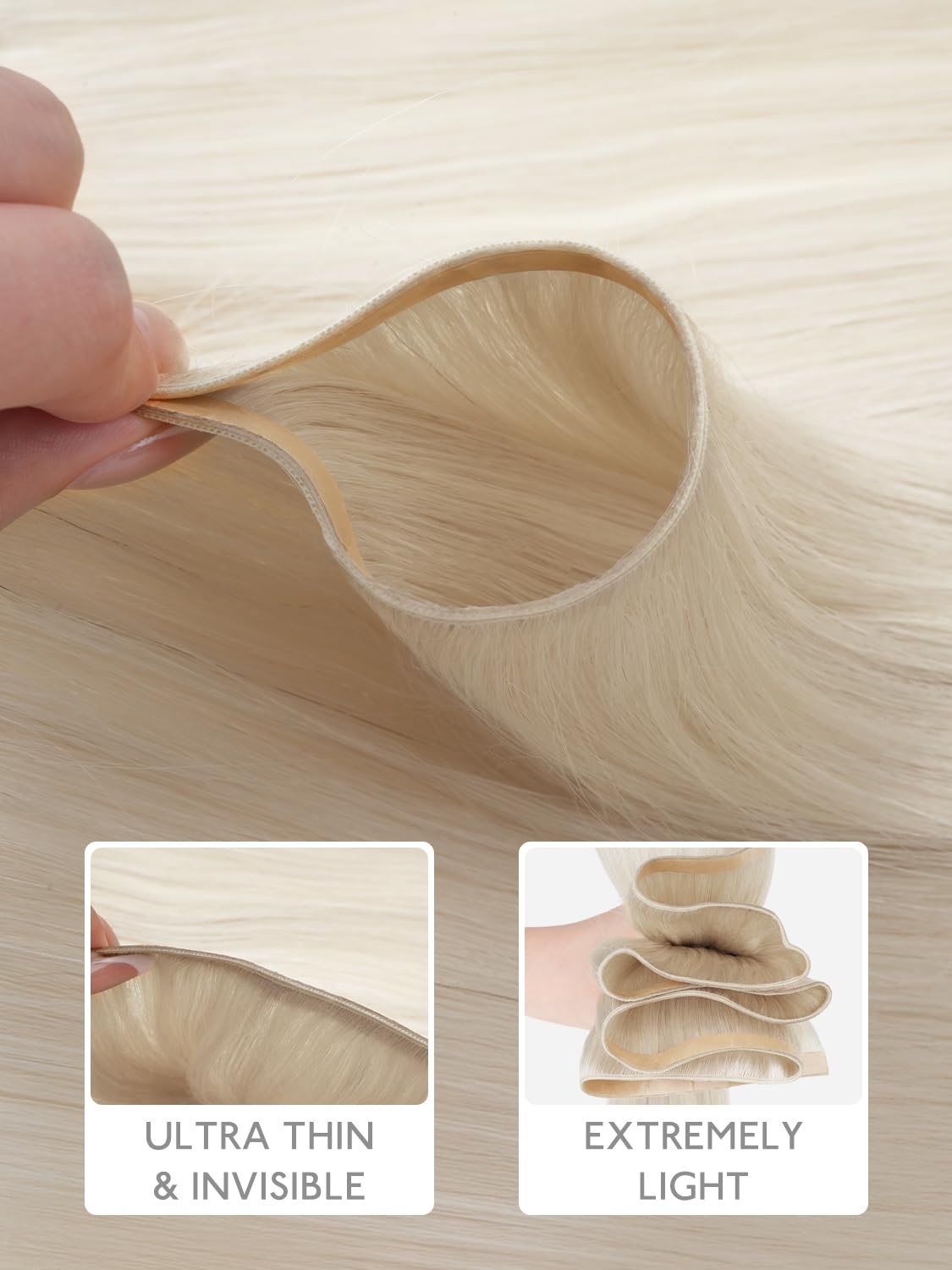 image:imageWENNALIFE Genius Weft Tape in Hair Extensions Human Hair 18 Inch 60g Natural Black Tape Ins Luxury Remy Hair Extensions Invisible Fuller Volume Reusable 10 Wide Weft60A Platinum Blonde