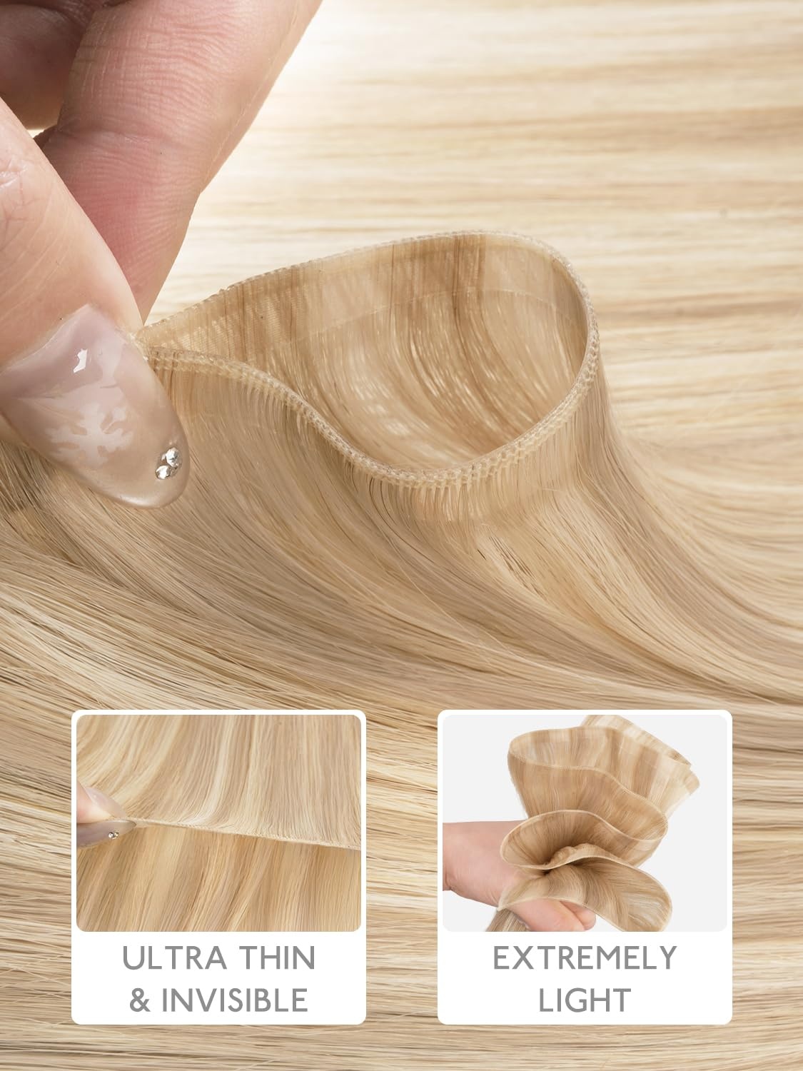 image:imageWENNALIFE Genius Weft Tape in Hair Extensions Human Hair 18 Inch 60g Natural Black Tape Ins Luxury Remy Hair Extensions Invisible Fuller Volume Reusable 10 Wide Weft18A613A Dirty Blonde Highlighted Bleach Blonde