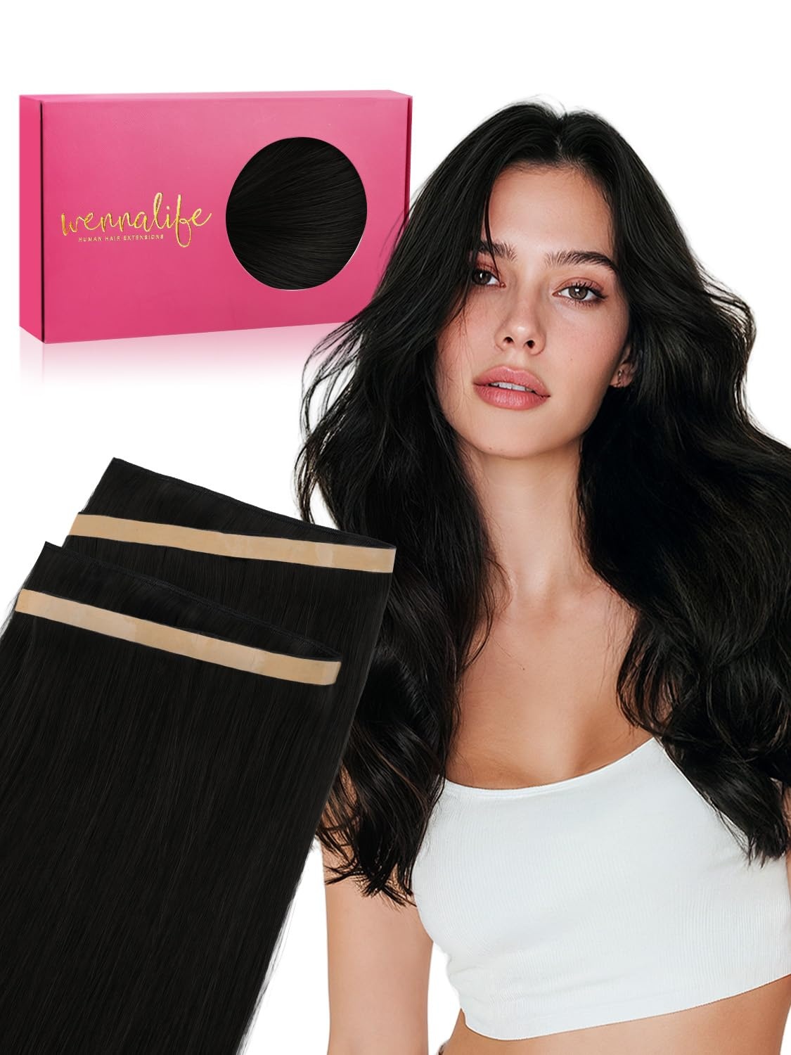 image:imageWENNALIFE Genius Weft Tape in Hair Extensions Human Hair 18 Inch 60g Natural Black Tape Ins Luxury Remy Hair Extensions Invisible Fuller Volume Reusable 10 Wide Weft1 Jet Black
