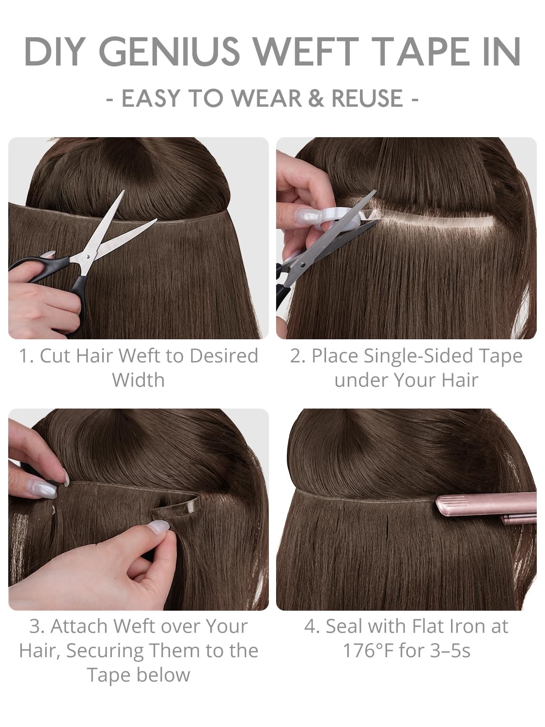 image:imageWENNALIFE Genius Weft Tape in Hair Extensions Human Hair 18 Inch 60g Natural Black Tape Ins Luxury Remy Hair Extensions Invisible Fuller Volume Reusable 10 Wide Weft5 Muted Light Brown Brunette