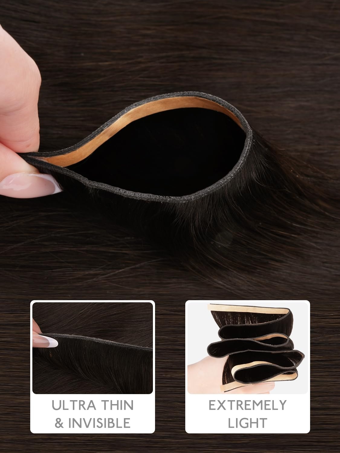 image:imageWENNALIFE Genius Weft Tape in Hair Extensions Human Hair 18 Inch 60g Natural Black Tape Ins Luxury Remy Hair Extensions Invisible Fuller Volume Reusable 10 Wide Weft2A Light Dark Brown