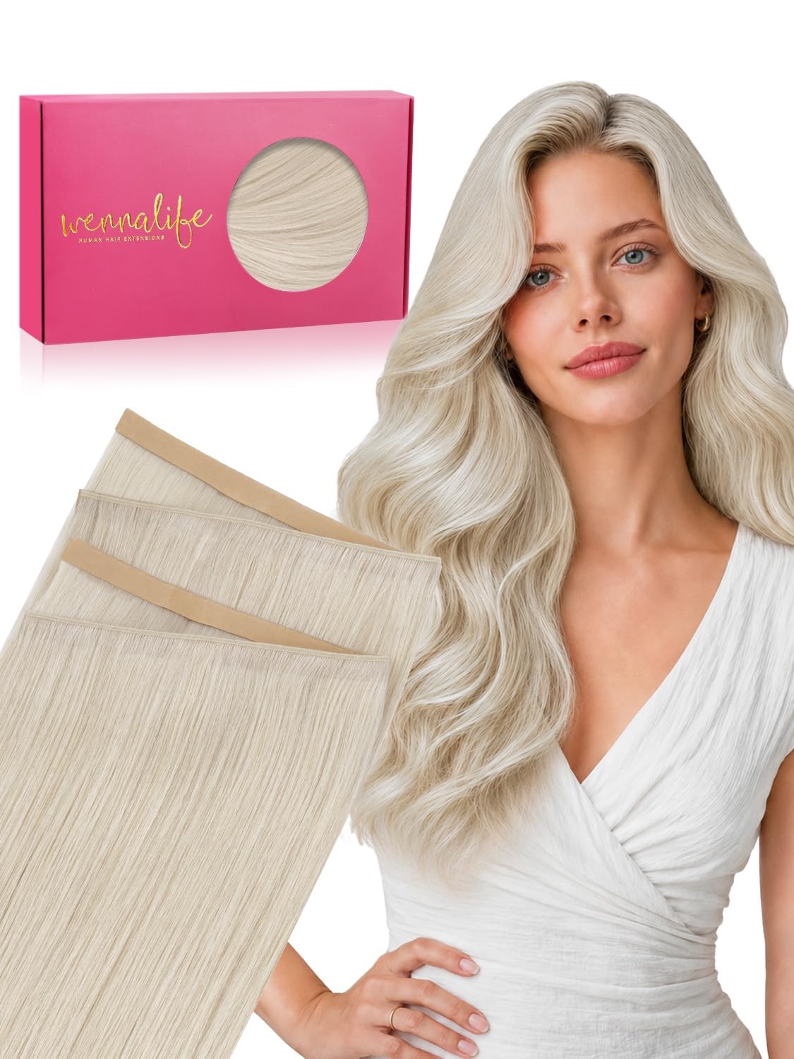 image:imageWENNALIFE Genius Weft Tape in Hair Extensions Human Hair 18 Inch 60g Natural Black Tape Ins Luxury Remy Hair Extensions Invisible Fuller Volume Reusable 10 Wide Weft60A Platinum Blonde