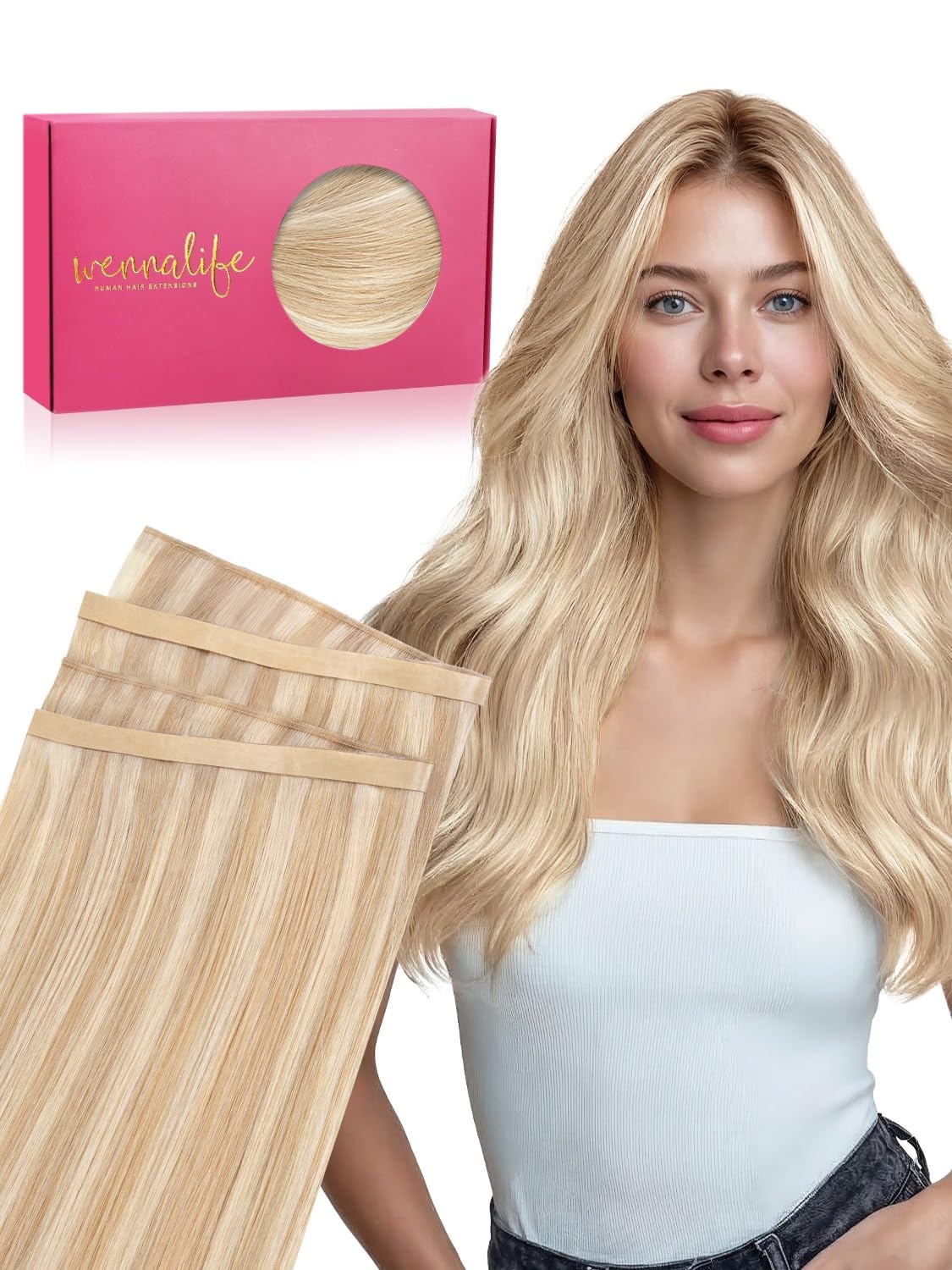 image:imageWENNALIFE Genius Weft Tape in Hair Extensions Human Hair 18 Inch 60g Natural Black Tape Ins Luxury Remy Hair Extensions Invisible Fuller Volume Reusable 10 Wide Weft18A613A Dirty Blonde Highlighted Bleach Blonde