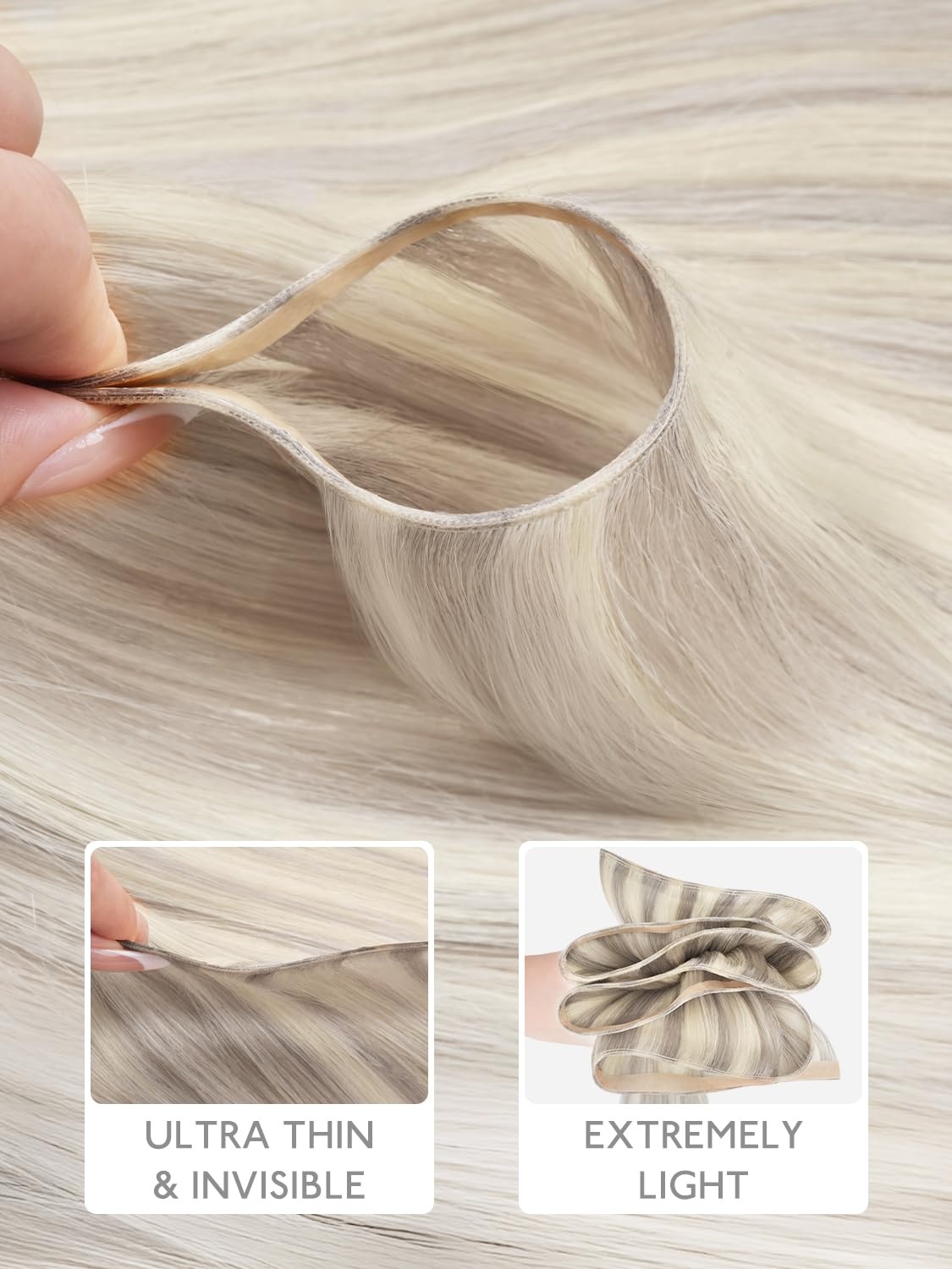 image:imageWENNALIFE Genius Weft Tape in Hair Extensions Human Hair 18 Inch 60g Natural Black Tape Ins Luxury Remy Hair Extensions Invisible Fuller Volume Reusable 10 Wide Weft17A60A Ash Blonde Highlighted Platinum Blonde
