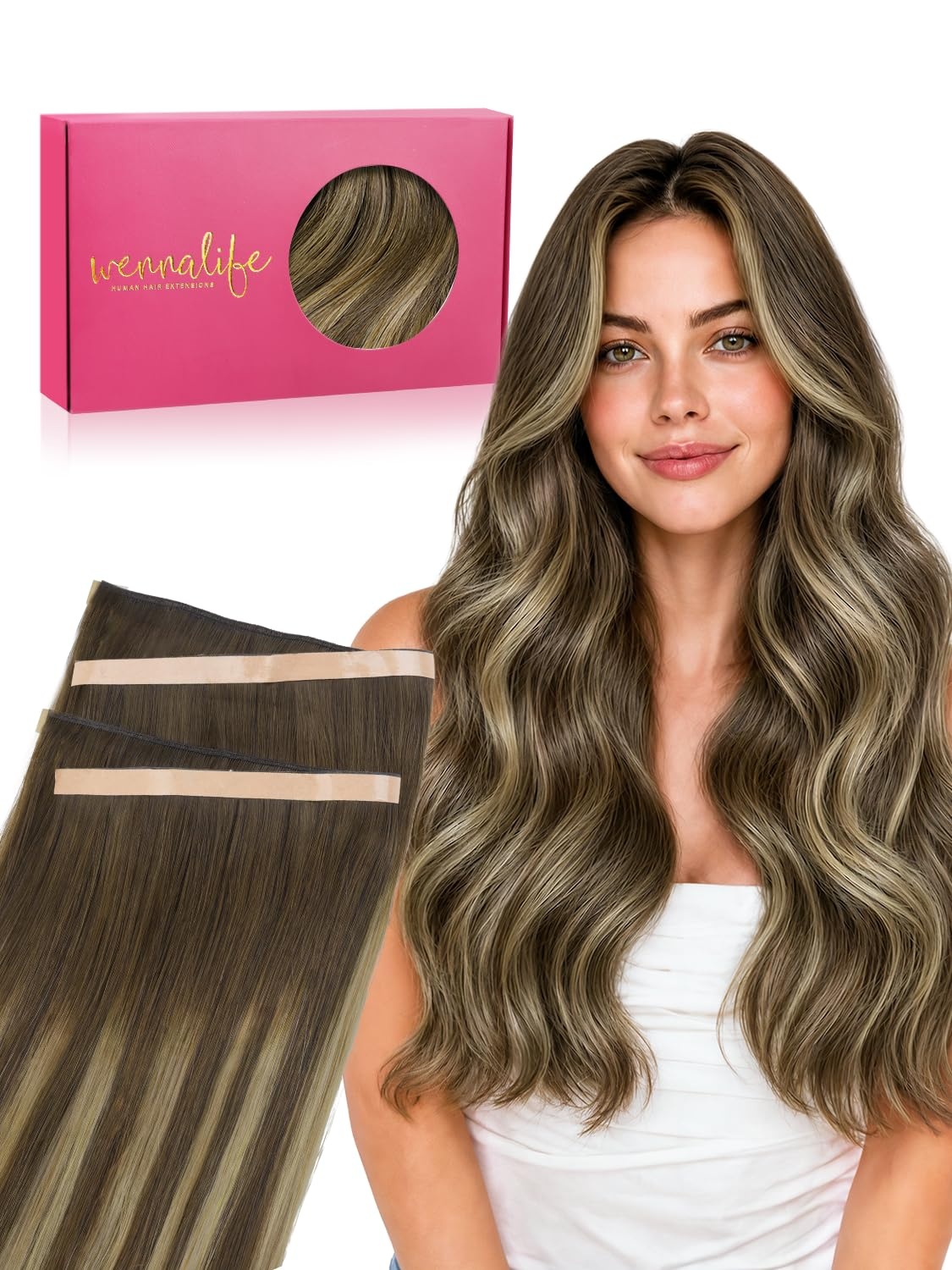 image:imageWENNALIFE Genius Weft Tape in Hair Extensions Human Hair 18 Inch 60g Natural Black Tape Ins Luxury Remy Hair Extensions Invisible Fuller Volume Reusable 10 Wide Weft4274 Balayage Chocolate Brown to Caramel Blonde