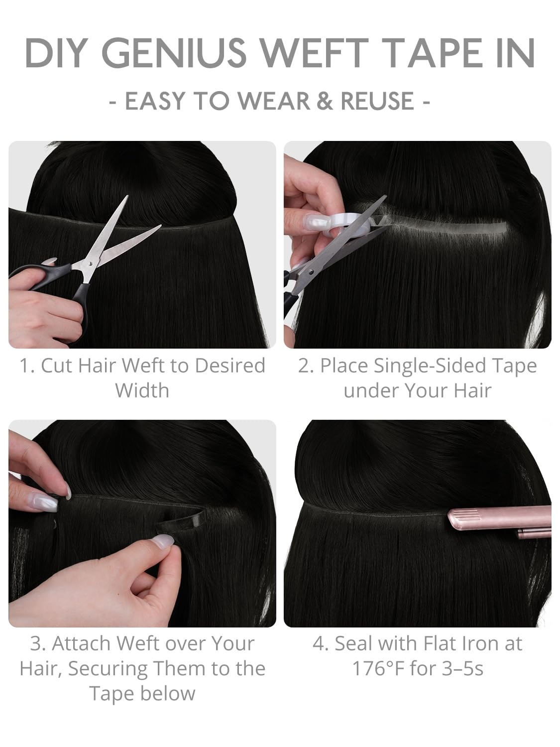 image:imageWENNALIFE Genius Weft Tape in Hair Extensions Human Hair 18 Inch 60g Natural Black Tape Ins Luxury Remy Hair Extensions Invisible Fuller Volume Reusable 10 Wide Weft1 Jet Black