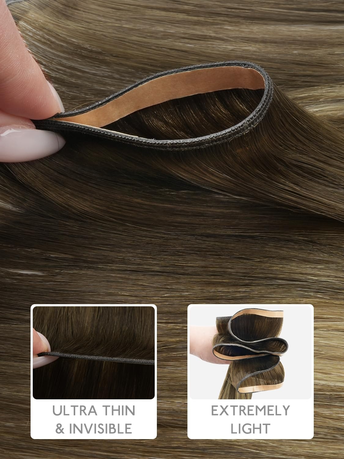 image:imageWENNALIFE Genius Weft Tape in Hair Extensions Human Hair 18 Inch 60g Natural Black Tape Ins Luxury Remy Hair Extensions Invisible Fuller Volume Reusable 10 Wide Weft4274 Balayage Chocolate Brown to Caramel Blonde