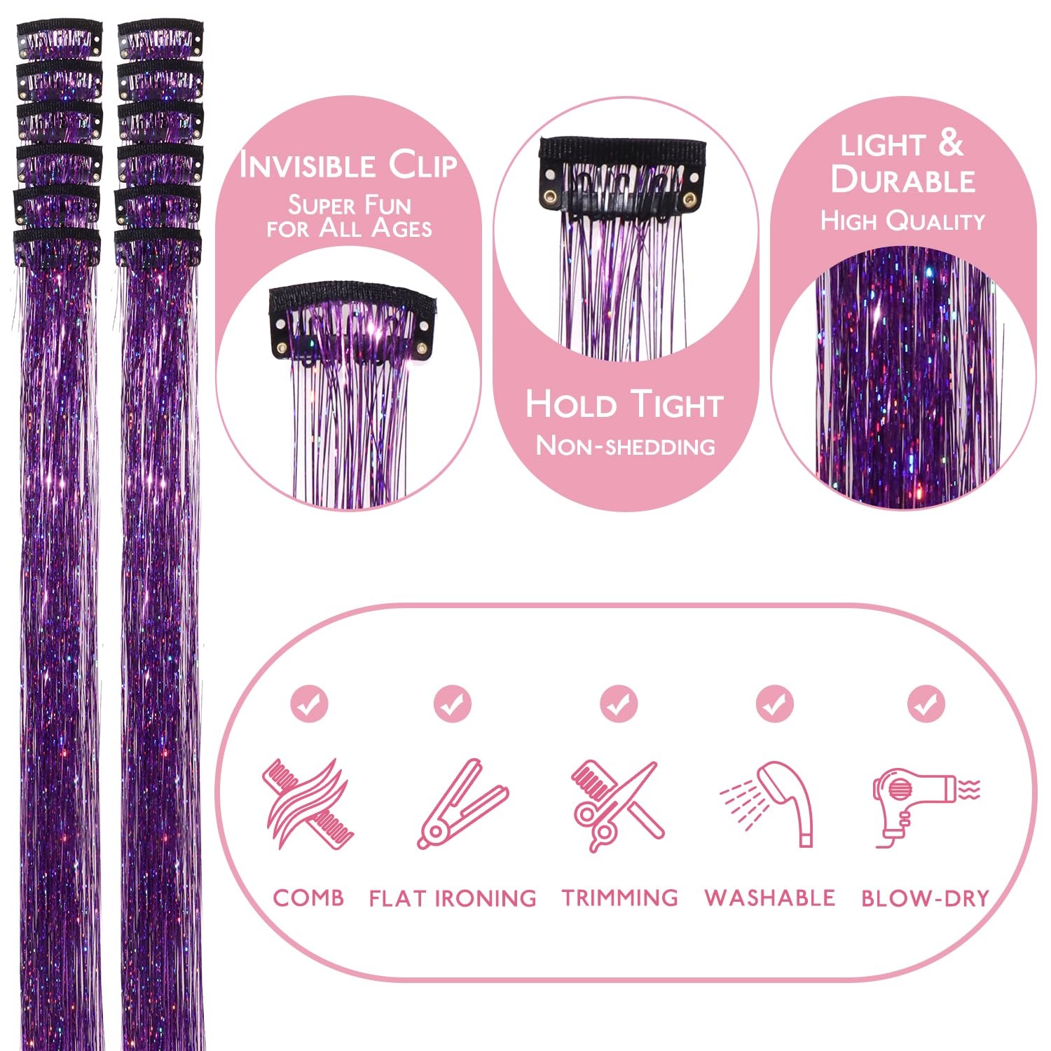 image:imageWENNALIFE Hair Tinsel Tape in Hair Extensions Golden Brown 12PCS 24 Inch Invisible Tape in Extensions Quick Install Glitter Tinsel Hair Extensions Sparkle Fairy Party Hair Accessories for WomenCPurple