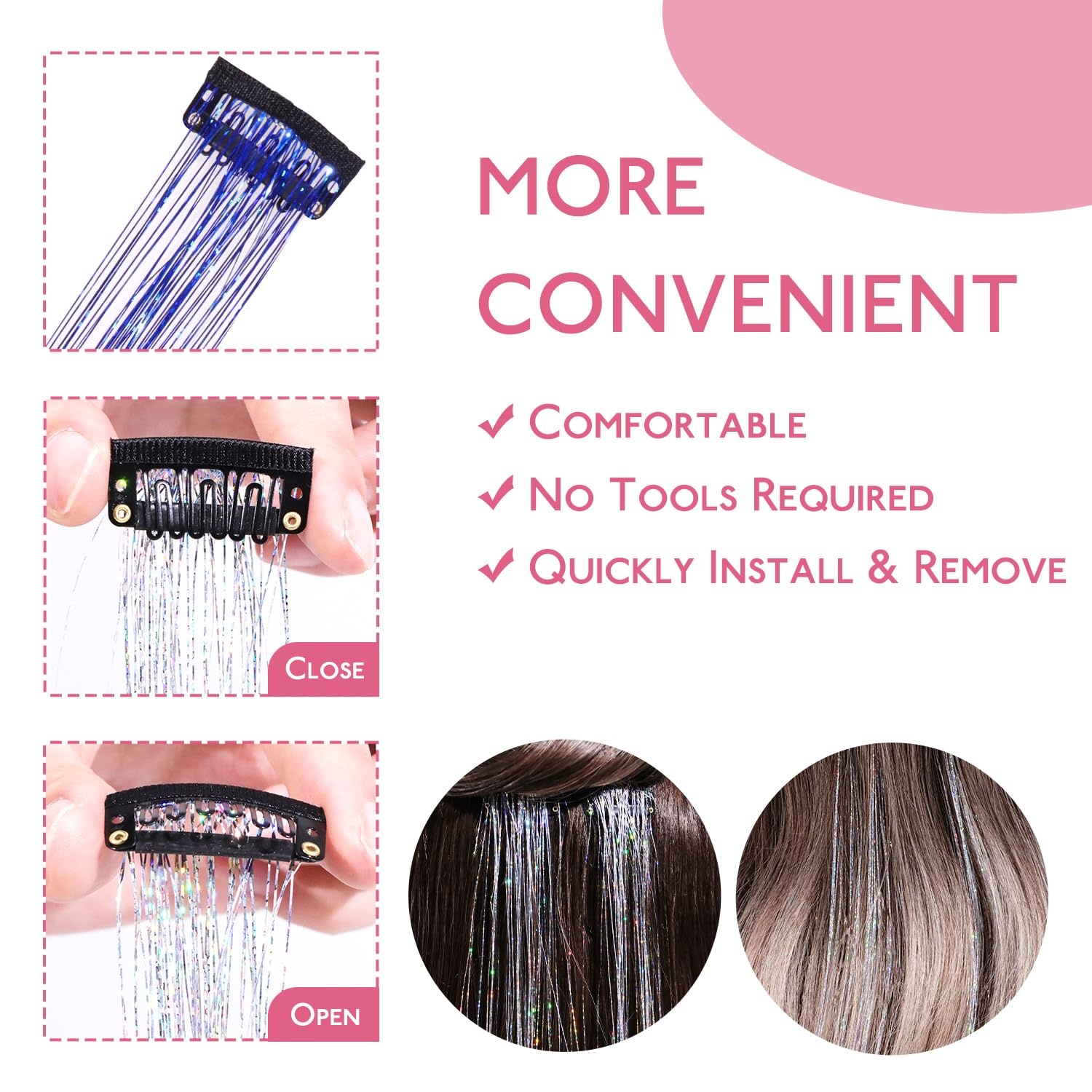 image:imageWENNALIFE Hair Tinsel Tape in Hair Extensions Golden Brown 12PCS 24 Inch Invisible Tape in Extensions Quick Install Glitter Tinsel Hair Extensions Sparkle Fairy Party Hair Accessories for WomenCSky Blue