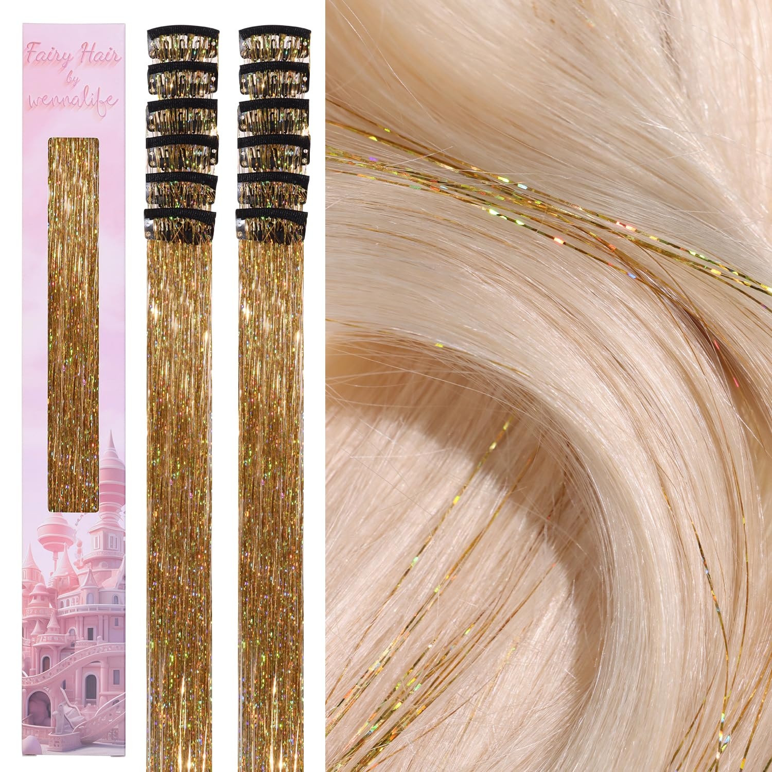 image:imageWENNALIFE Hair Tinsel Tape in Hair Extensions Golden Brown 12PCS 24 Inch Invisible Tape in Extensions Quick Install Glitter Tinsel Hair Extensions Sparkle Fairy Party Hair Accessories for WomenCChampagne