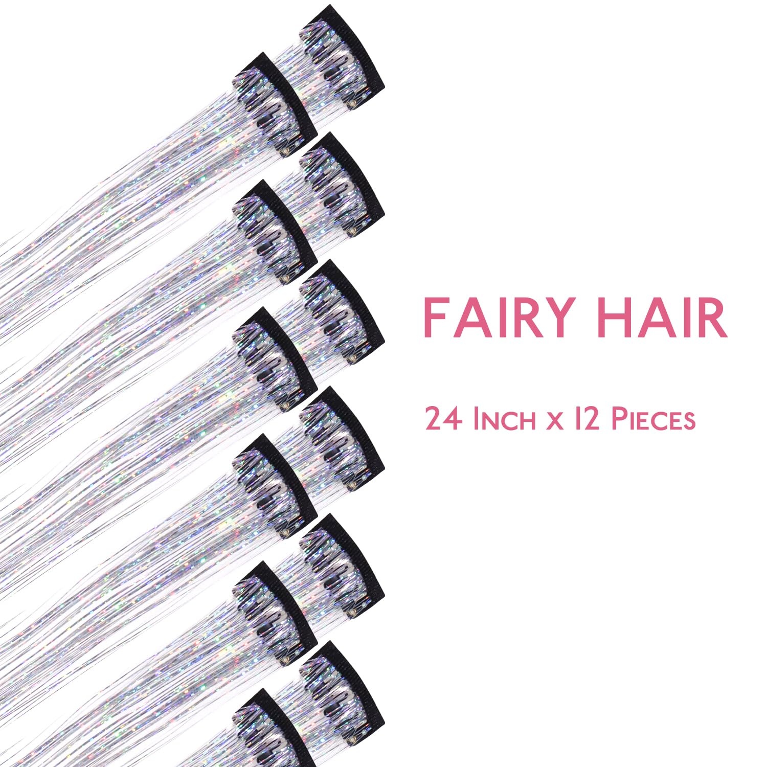 image:imageWENNALIFE Hair Tinsel Tape in Hair Extensions Golden Brown 12PCS 24 Inch Invisible Tape in Extensions Quick Install Glitter Tinsel Hair Extensions Sparkle Fairy Party Hair Accessories for WomenCSilver