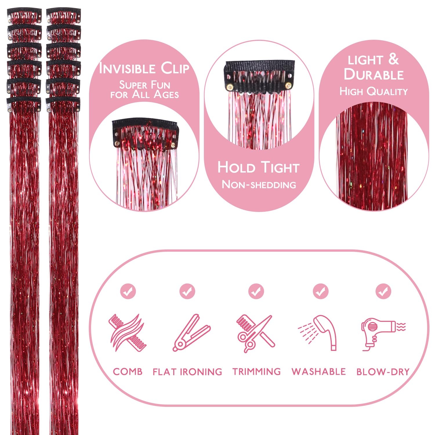 image:imageWENNALIFE Hair Tinsel Tape in Hair Extensions Golden Brown 12PCS 24 Inch Invisible Tape in Extensions Quick Install Glitter Tinsel Hair Extensions Sparkle Fairy Party Hair Accessories for WomenCRed