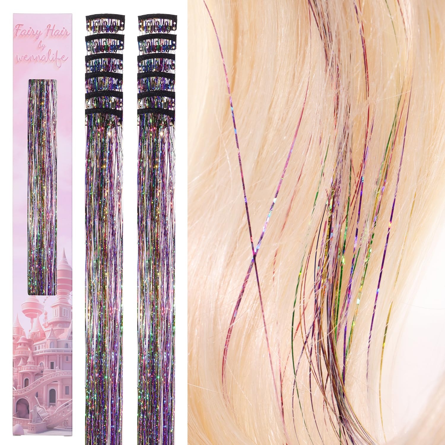 image:imageWENNALIFE Hair Tinsel Tape in Hair Extensions Golden Brown 12PCS 24 Inch Invisible Tape in Extensions Quick Install Glitter Tinsel Hair Extensions Sparkle Fairy Party Hair Accessories for WomenCRainbow