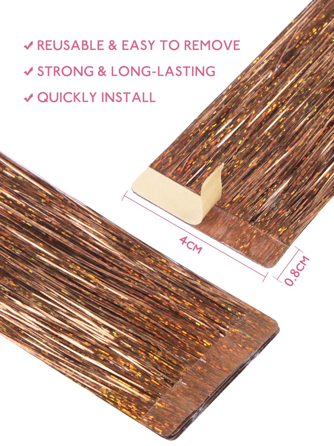 image:imageWENNALIFE Hair Tinsel Tape in Hair Extensions Golden Brown 12PCS 24 Inch Invisible Tape in Extensions Quick Install Glitter Tinsel Hair Extensions Sparkle Fairy Party Hair Accessories for WomenGoldenBrown