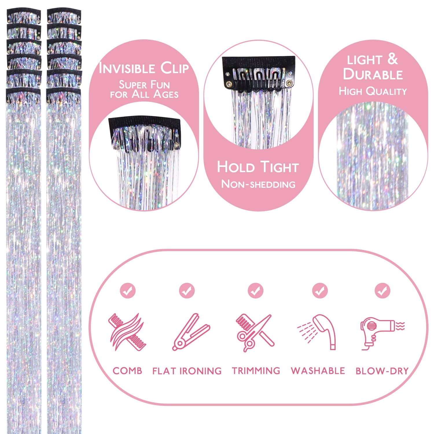 image:imageWENNALIFE Hair Tinsel Tape in Hair Extensions Golden Brown 12PCS 24 Inch Invisible Tape in Extensions Quick Install Glitter Tinsel Hair Extensions Sparkle Fairy Party Hair Accessories for WomenCSilver