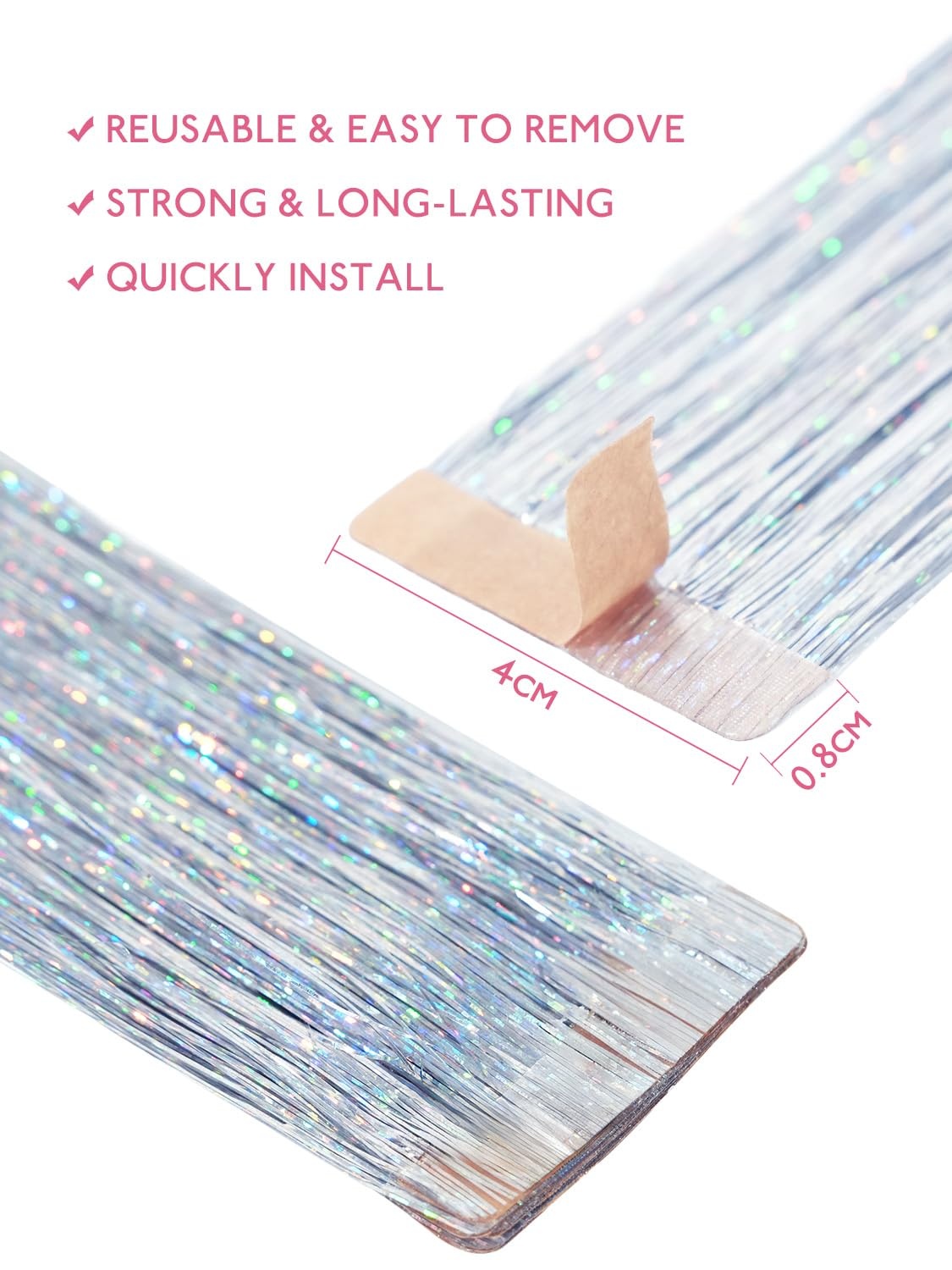 image:imageWENNALIFE Hair Tinsel Tape in Hair Extensions Golden Brown 12PCS 24 Inch Invisible Tape in Extensions Quick Install Glitter Tinsel Hair Extensions Sparkle Fairy Party Hair Accessories for WomenSilver