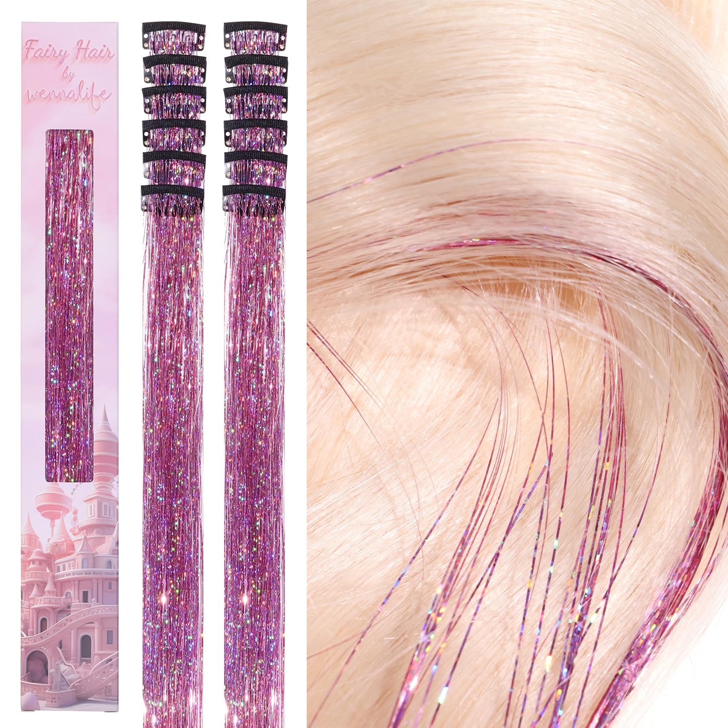 image:imageWENNALIFE Hair Tinsel Tape in Hair Extensions Golden Brown 12PCS 24 Inch Invisible Tape in Extensions Quick Install Glitter Tinsel Hair Extensions Sparkle Fairy Party Hair Accessories for WomenCPink