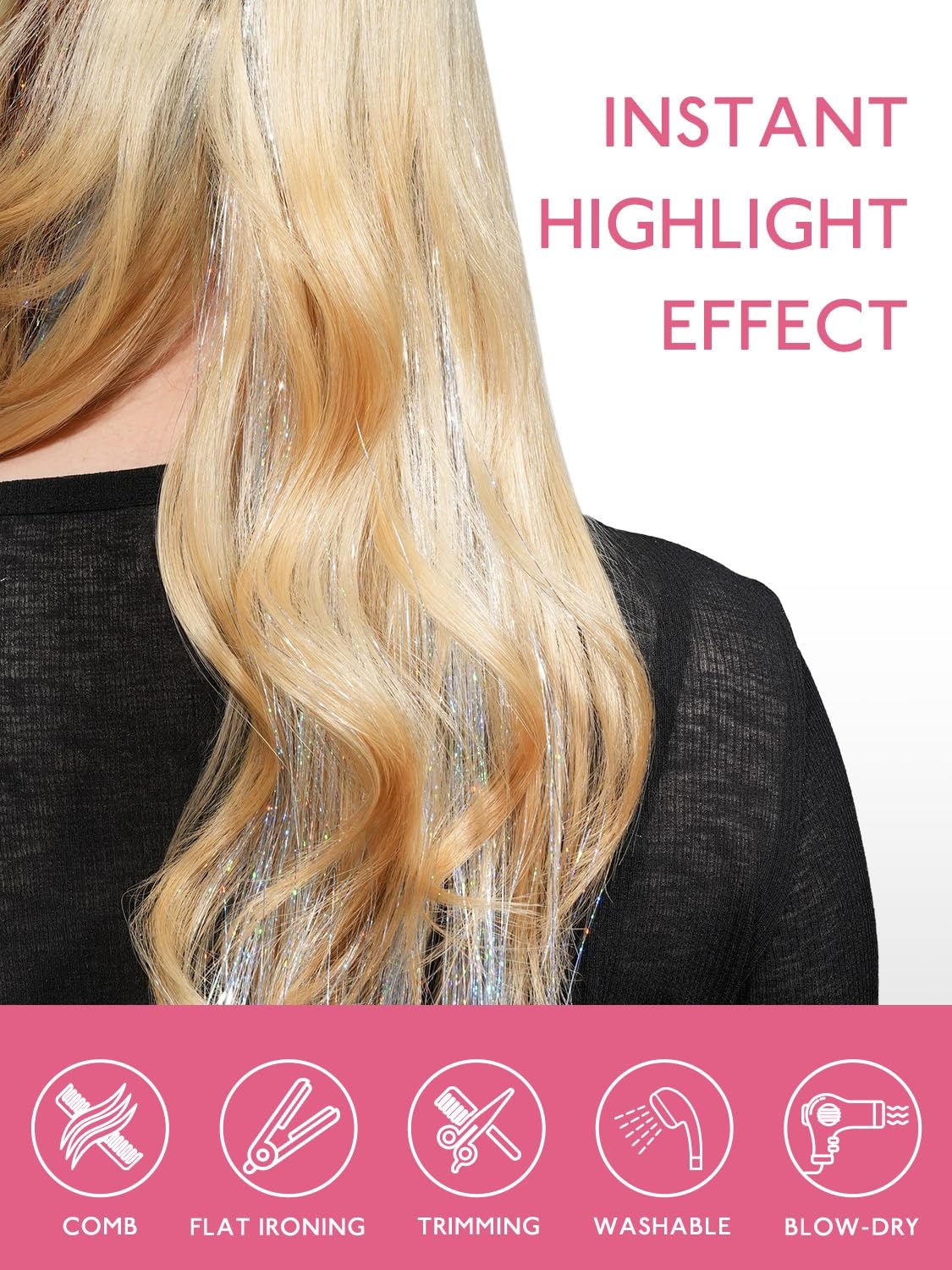 image:imageWENNALIFE Hair Tinsel Tape in Hair Extensions Golden Brown 12PCS 24 Inch Invisible Tape in Extensions Quick Install Glitter Tinsel Hair Extensions Sparkle Fairy Party Hair Accessories for WomenSilver