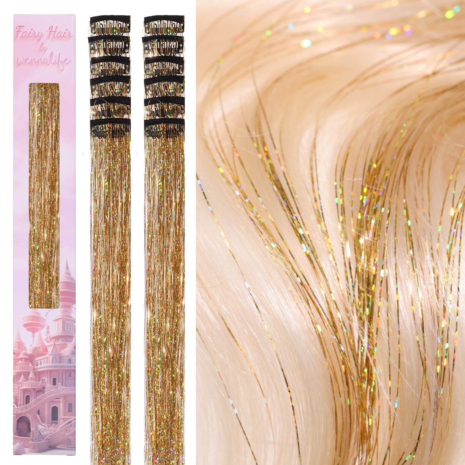image:imageWENNALIFE Hair Tinsel Tape in Hair Extensions Golden Brown 12PCS 24 Inch Invisible Tape in Extensions Quick Install Glitter Tinsel Hair Extensions Sparkle Fairy Party Hair Accessories for WomenCGold
