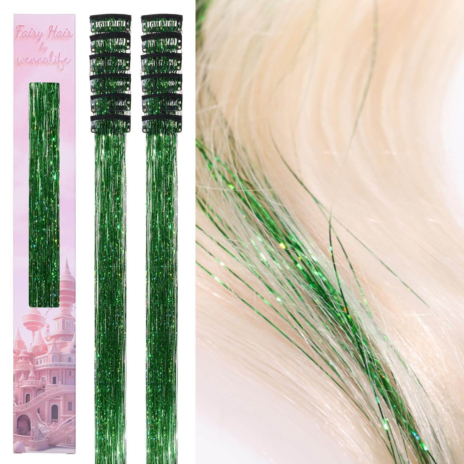 image:imageWENNALIFE Hair Tinsel Tape in Hair Extensions Golden Brown 12PCS 24 Inch Invisible Tape in Extensions Quick Install Glitter Tinsel Hair Extensions Sparkle Fairy Party Hair Accessories for WomenCGreen