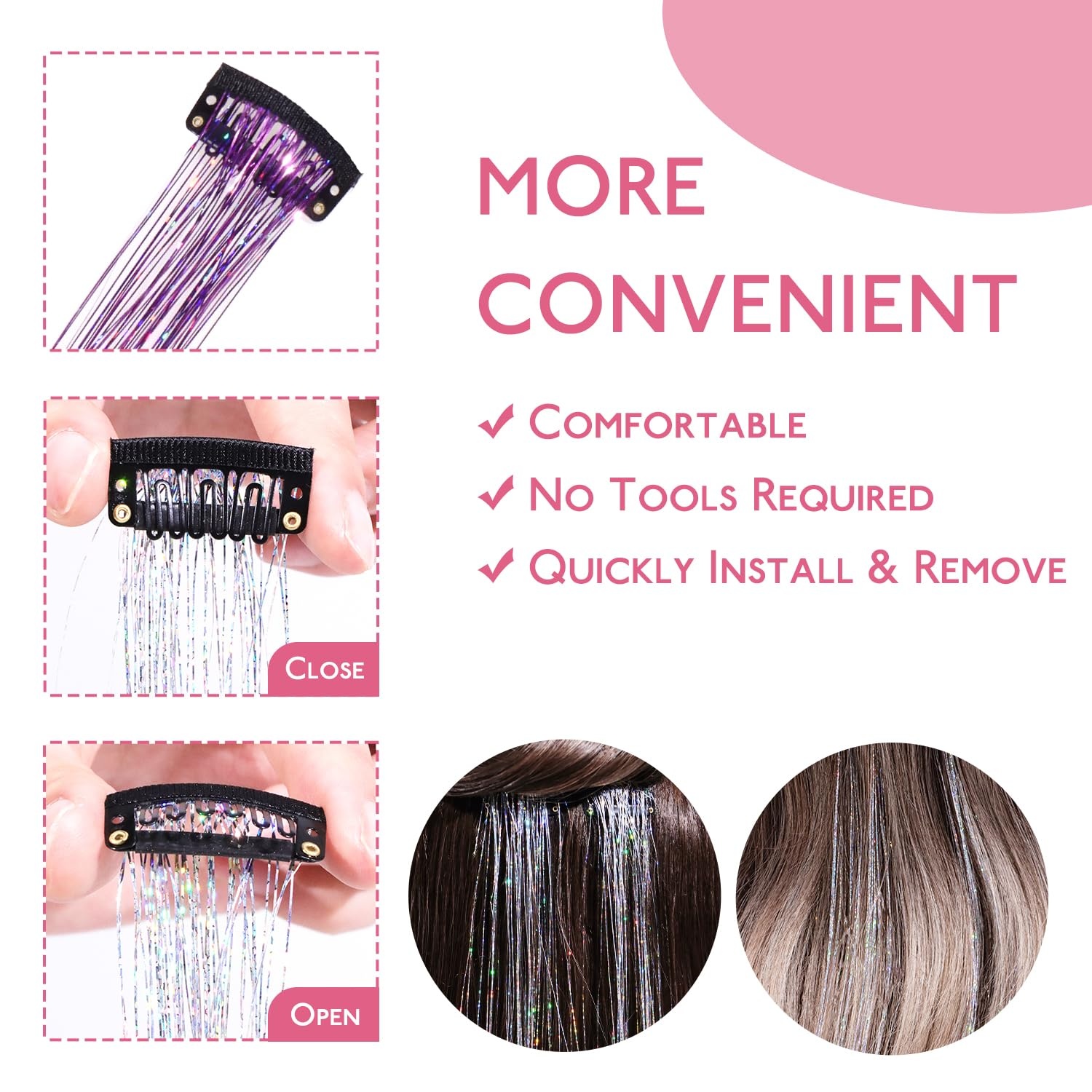 image:imageWENNALIFE Hair Tinsel Tape in Hair Extensions Golden Brown 12PCS 24 Inch Invisible Tape in Extensions Quick Install Glitter Tinsel Hair Extensions Sparkle Fairy Party Hair Accessories for WomenCPurple