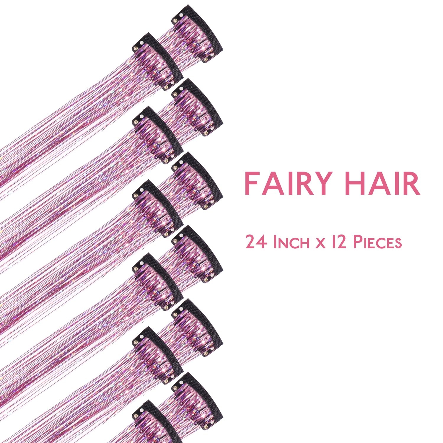 image:imageWENNALIFE Hair Tinsel Tape in Hair Extensions Golden Brown 12PCS 24 Inch Invisible Tape in Extensions Quick Install Glitter Tinsel Hair Extensions Sparkle Fairy Party Hair Accessories for WomenCPink