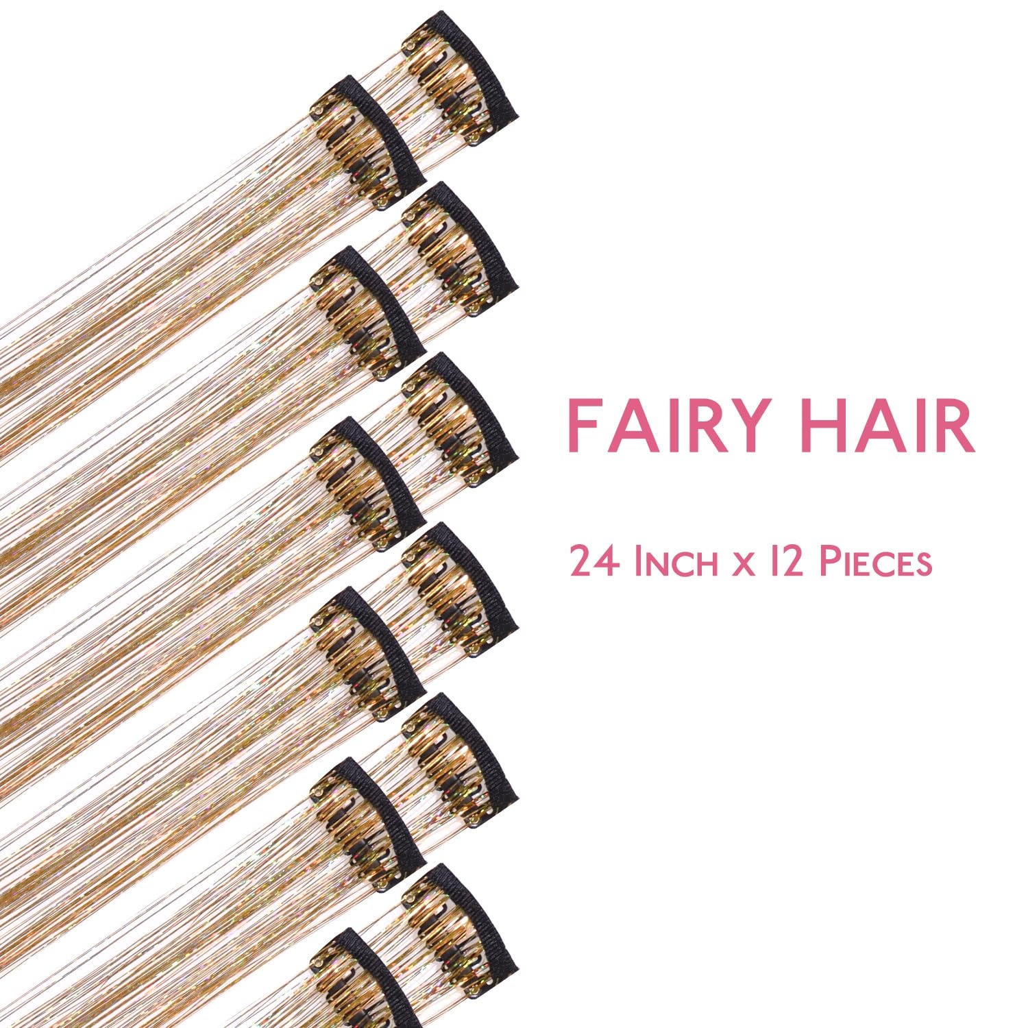 image:imageWENNALIFE Hair Tinsel Tape in Hair Extensions Golden Brown 12PCS 24 Inch Invisible Tape in Extensions Quick Install Glitter Tinsel Hair Extensions Sparkle Fairy Party Hair Accessories for WomenCGold