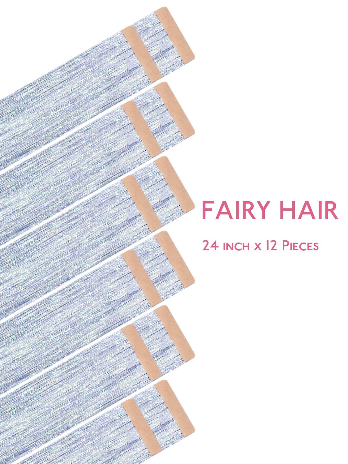 image:imageWENNALIFE Hair Tinsel Tape in Hair Extensions Golden Brown 12PCS 24 Inch Invisible Tape in Extensions Quick Install Glitter Tinsel Hair Extensions Sparkle Fairy Party Hair Accessories for WomenSilver