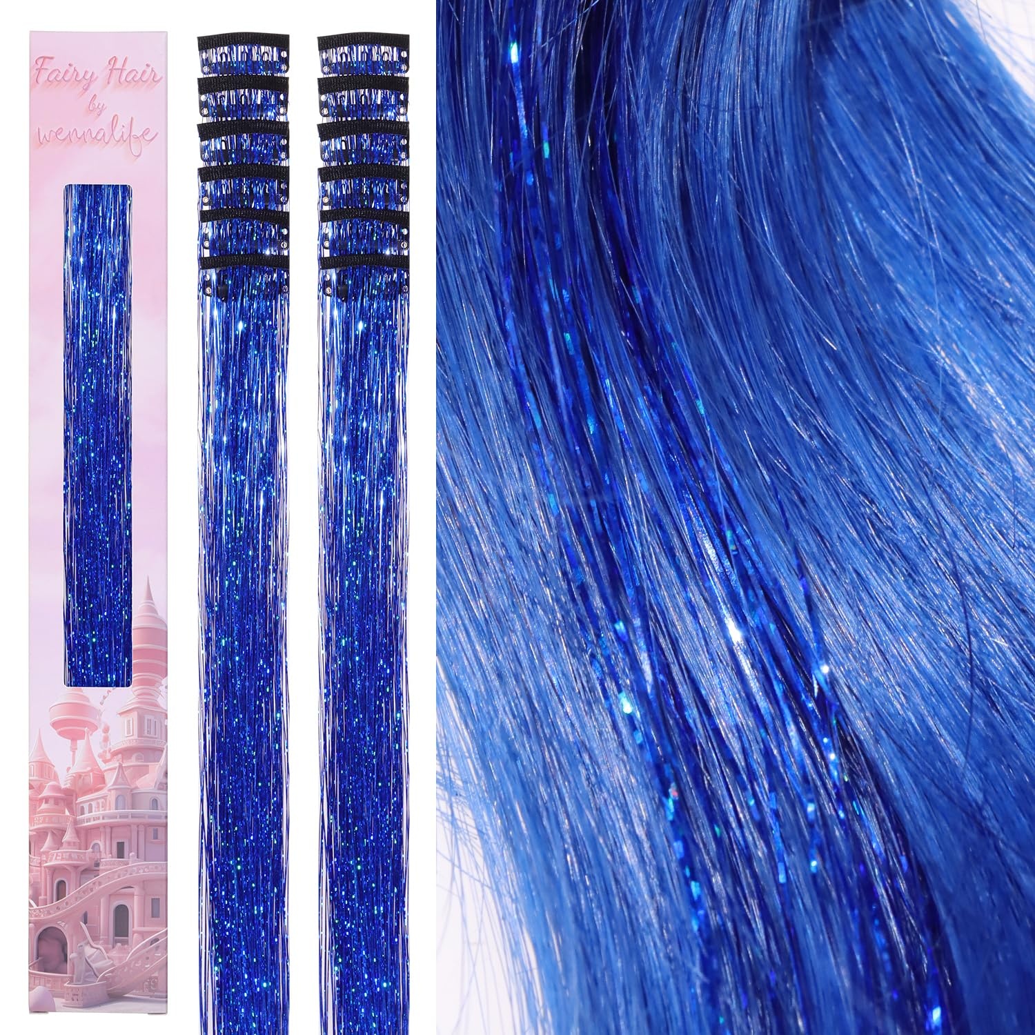 image:imageWENNALIFE Hair Tinsel Tape in Hair Extensions Golden Brown 12PCS 24 Inch Invisible Tape in Extensions Quick Install Glitter Tinsel Hair Extensions Sparkle Fairy Party Hair Accessories for WomenCSky Blue