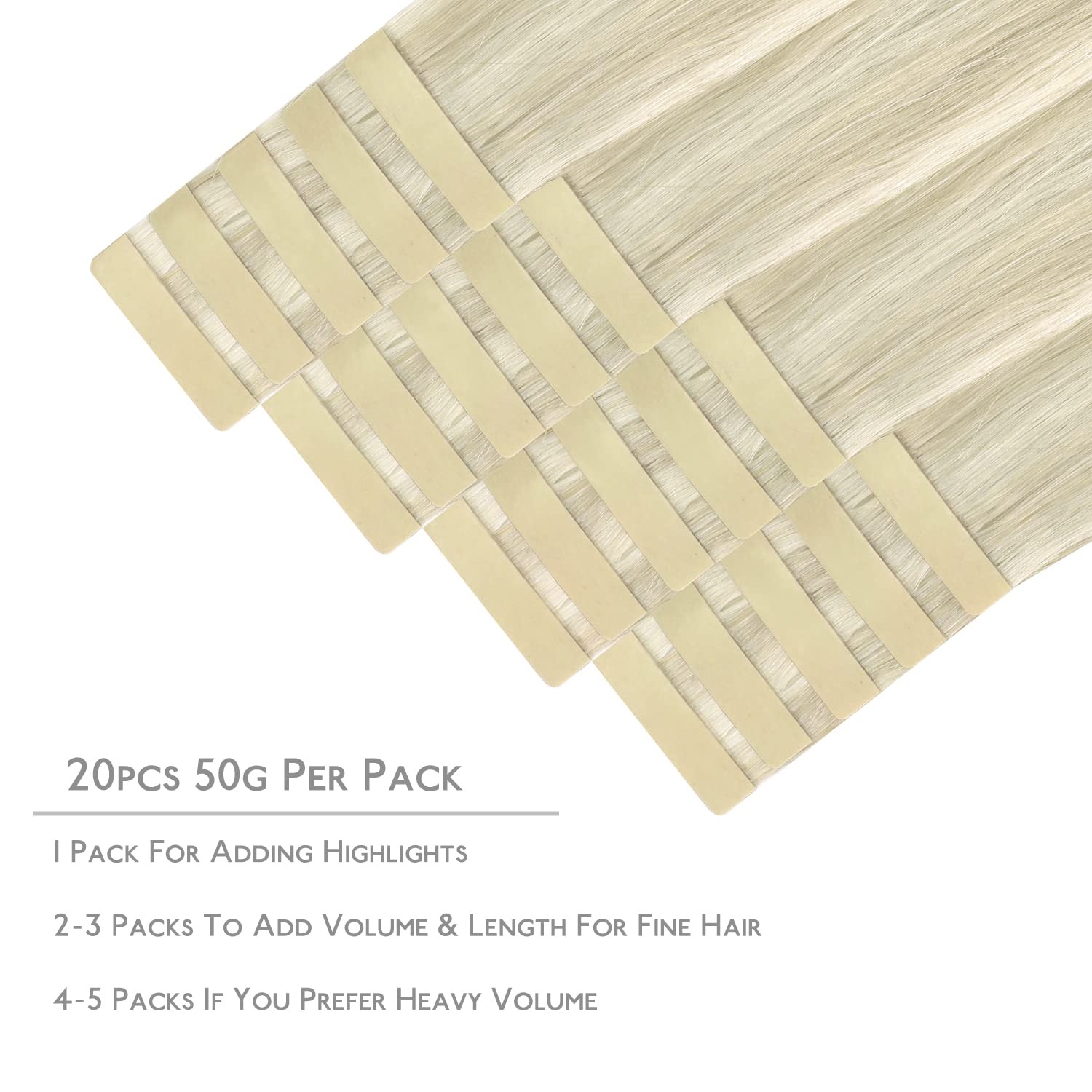 image:imageWENNALIFE Tape in Hair Extensions Human Hair 20pcs 50g 16 inch Ash Blonde Highlighted Platinum Blonde