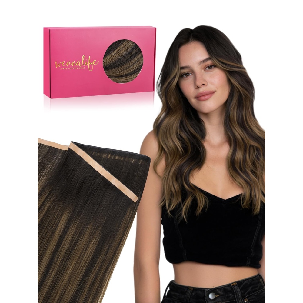 image:imageWENNALIFE Genius Weft Tape in Hair Extensions Human Hair 18 Inch 60g Natural Black Tape Ins Luxury Remy Hair Extensions Invisible Fuller Volume Reusable 10 Wide Weft262 Balayage Dark Brown Mixed Chestnut Brown