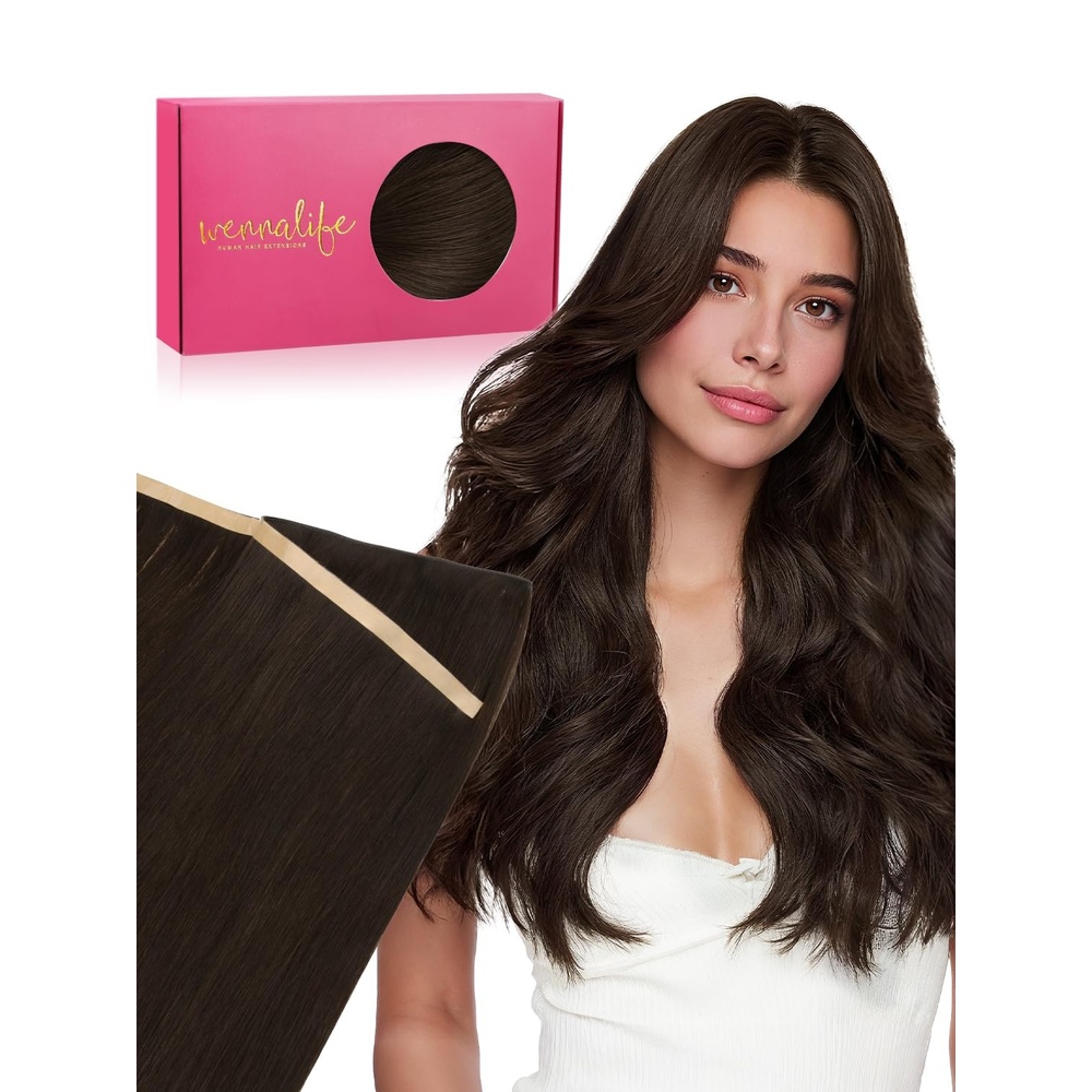 image:imageWENNALIFE Genius Weft Tape in Hair Extensions Human Hair 18 Inch 60g Natural Black Tape Ins Luxury Remy Hair Extensions Invisible Fuller Volume Reusable 10 Wide Weft2A Light Dark Brown