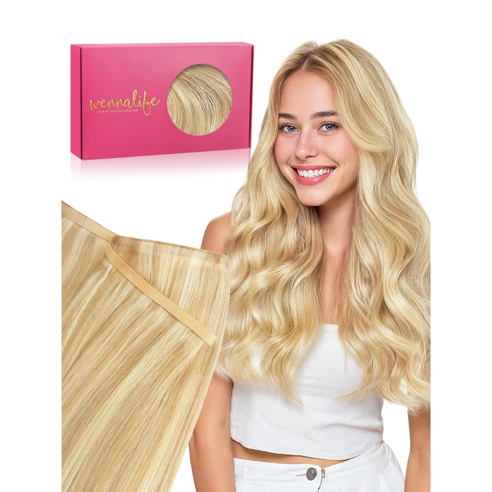 image:imageWENNALIFE Genius Weft Tape in Hair Extensions Human Hair 18 Inch 60g Natural Black Tape Ins Luxury Remy Hair Extensions Invisible Fuller Volume Reusable 10 Wide Weft1622 Light Blonde Highlighted Golden Blonde