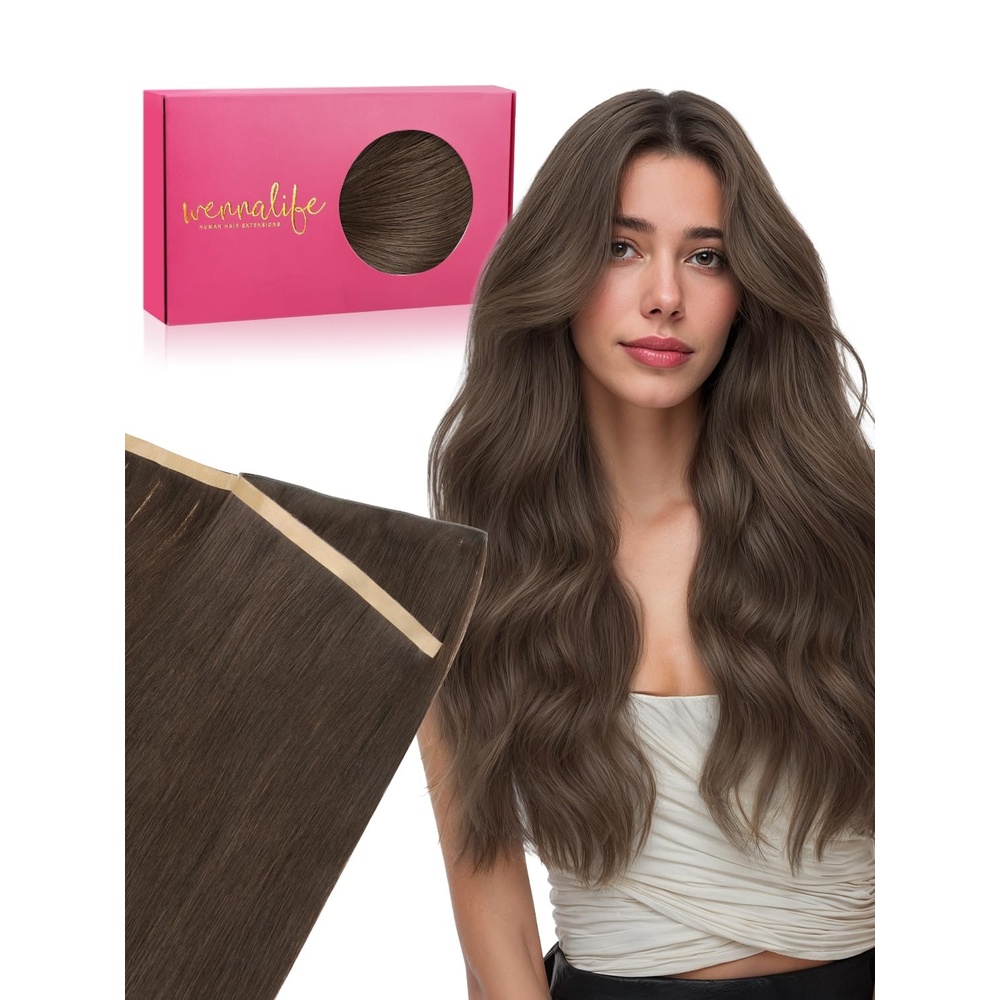 image:imageWENNALIFE Genius Weft Tape in Hair Extensions Human Hair 18 Inch 60g Natural Black Tape Ins Luxury Remy Hair Extensions Invisible Fuller Volume Reusable 10 Wide Weft5 Muted Light Brown Brunette