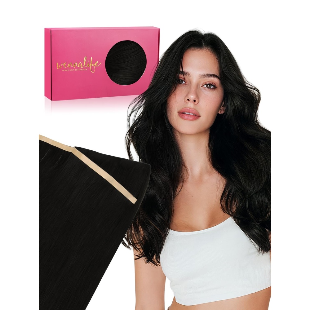 image:imageWENNALIFE Genius Weft Tape in Hair Extensions Human Hair 18 Inch 60g Natural Black Tape Ins Luxury Remy Hair Extensions Invisible Fuller Volume Reusable 10 Wide Weft1 Jet Black
