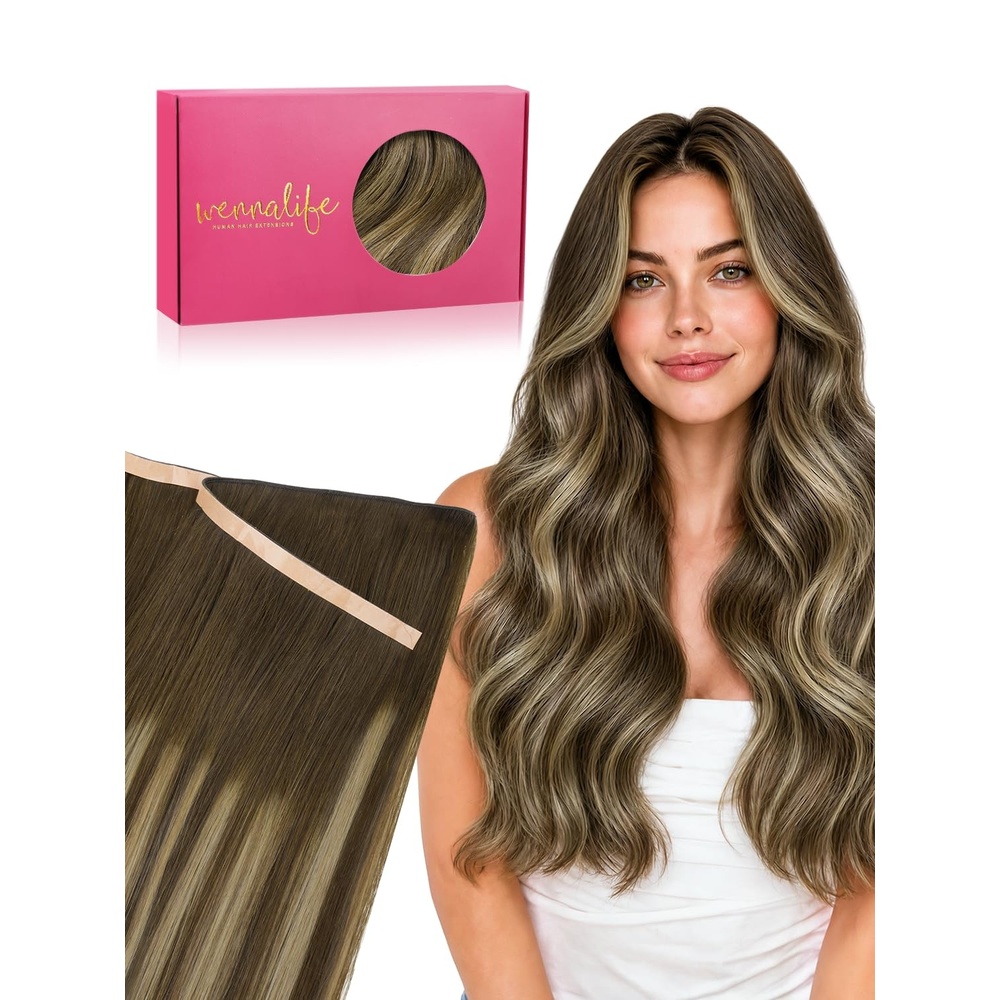 image:imageWENNALIFE Genius Weft Tape in Hair Extensions Human Hair 18 Inch 60g Natural Black Tape Ins Luxury Remy Hair Extensions Invisible Fuller Volume Reusable 10 Wide Weft4274 Balayage Chocolate Brown to Caramel Blonde