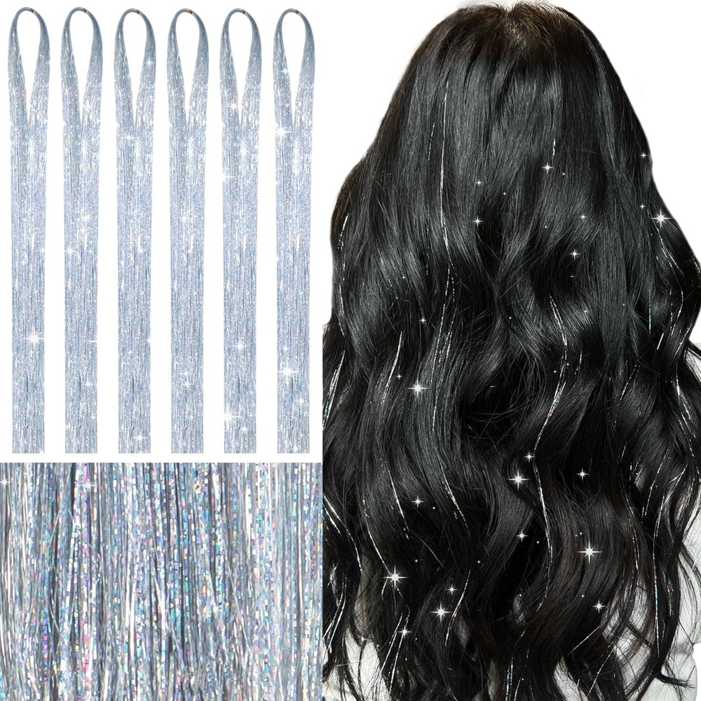 image:imageWENNALIFE Hair Tinsel Tape in Hair Extensions Golden Brown 12PCS 24 Inch Invisible Tape in Extensions Quick Install Glitter Tinsel Hair Extensions Sparkle Fairy Party Hair Accessories for WomenTSilver