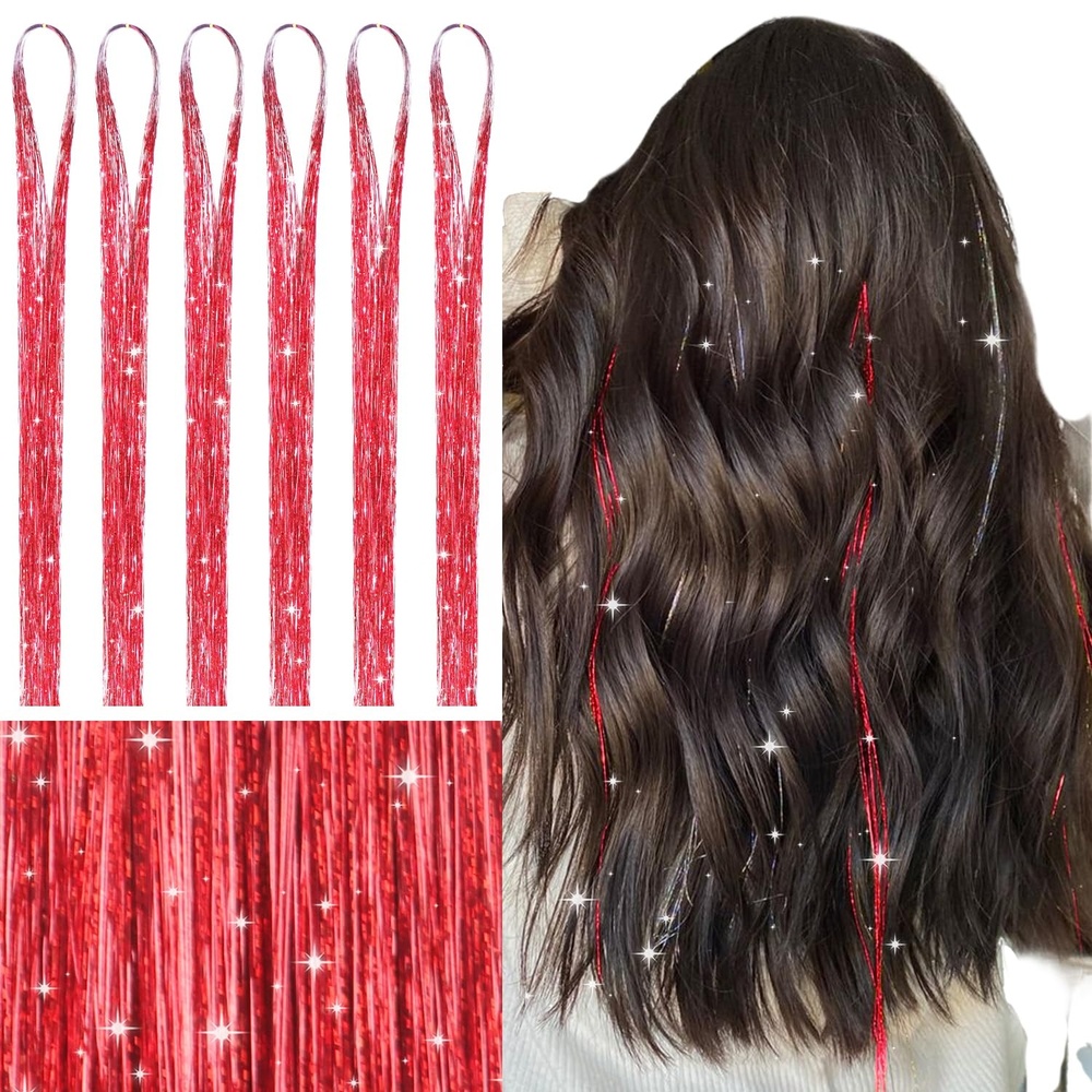 image:imageWENNALIFE Hair Tinsel Tape in Hair Extensions Golden Brown 12PCS 24 Inch Invisible Tape in Extensions Quick Install Glitter Tinsel Hair Extensions Sparkle Fairy Party Hair Accessories for WomenTRed
