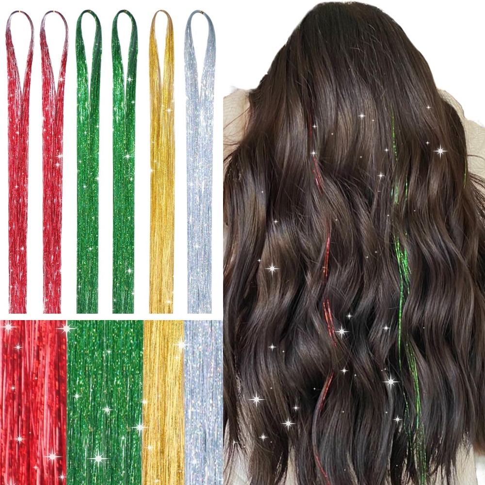 image:imageWENNALIFE Hair Tinsel Tape in Hair Extensions Golden Brown 12PCS 24 Inch Invisible Tape in Extensions Quick Install Glitter Tinsel Hair Extensions Sparkle Fairy Party Hair Accessories for WomenTXmas