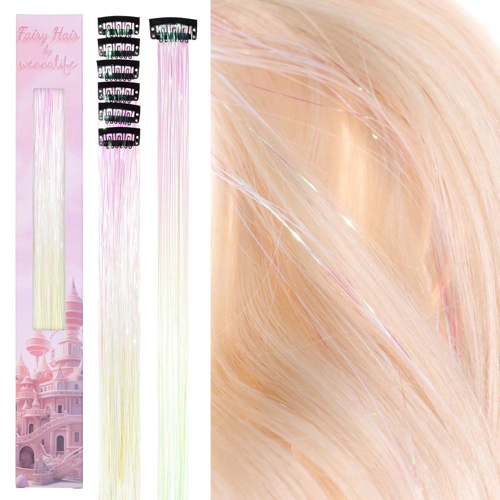 image:imageWENNALIFE Hair Tinsel Tape in Hair Extensions Golden Brown 12PCS 24 Inch Invisible Tape in Extensions Quick Install Glitter Tinsel Hair Extensions Sparkle Fairy Party Hair Accessories for WomenCBright White