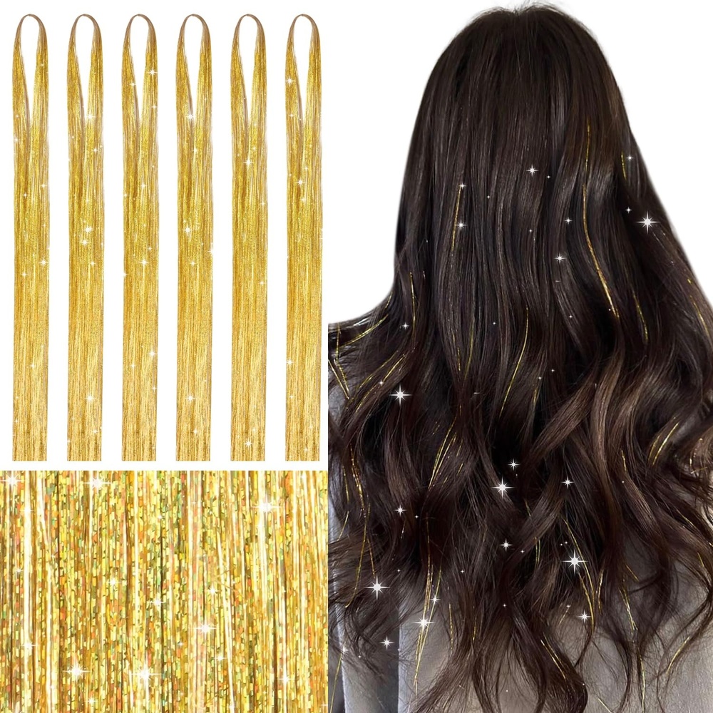 image:imageWENNALIFE Hair Tinsel Tape in Hair Extensions Golden Brown 12PCS 24 Inch Invisible Tape in Extensions Quick Install Glitter Tinsel Hair Extensions Sparkle Fairy Party Hair Accessories for WomenTChampagne