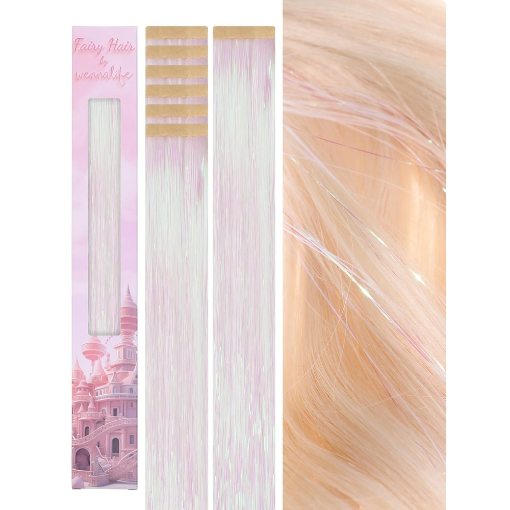 image:imageWENNALIFE Hair Tinsel Tape in Hair Extensions Golden Brown 12PCS 24 Inch Invisible Tape in Extensions Quick Install Glitter Tinsel Hair Extensions Sparkle Fairy Party Hair Accessories for WomenBrightWhite