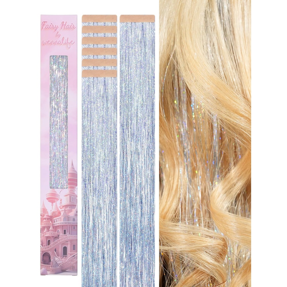 image:imageWENNALIFE Hair Tinsel Tape in Hair Extensions Golden Brown 12PCS 24 Inch Invisible Tape in Extensions Quick Install Glitter Tinsel Hair Extensions Sparkle Fairy Party Hair Accessories for WomenSilver