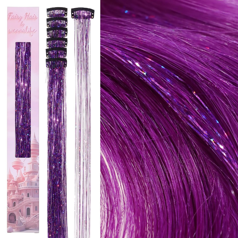 image:imageWENNALIFE Hair Tinsel Tape in Hair Extensions Golden Brown 12PCS 24 Inch Invisible Tape in Extensions Quick Install Glitter Tinsel Hair Extensions Sparkle Fairy Party Hair Accessories for WomenCPurple