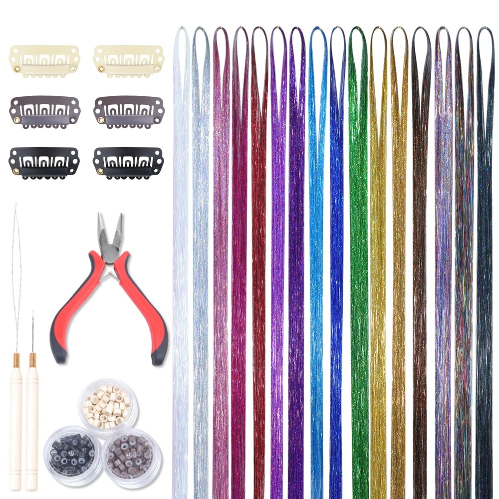 image:imageWENNALIFE Hair Tinsel Tape in Hair Extensions Golden Brown 12PCS 24 Inch Invisible Tape in Extensions Quick Install Glitter Tinsel Hair Extensions Sparkle Fairy Party Hair Accessories for WomenT16 Color