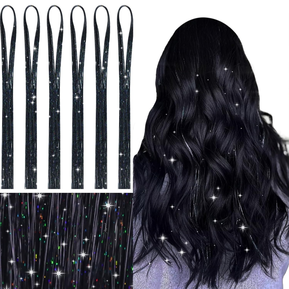 image:imageWENNALIFE Hair Tinsel Tape in Hair Extensions Golden Brown 12PCS 24 Inch Invisible Tape in Extensions Quick Install Glitter Tinsel Hair Extensions Sparkle Fairy Party Hair Accessories for WomenTBlack